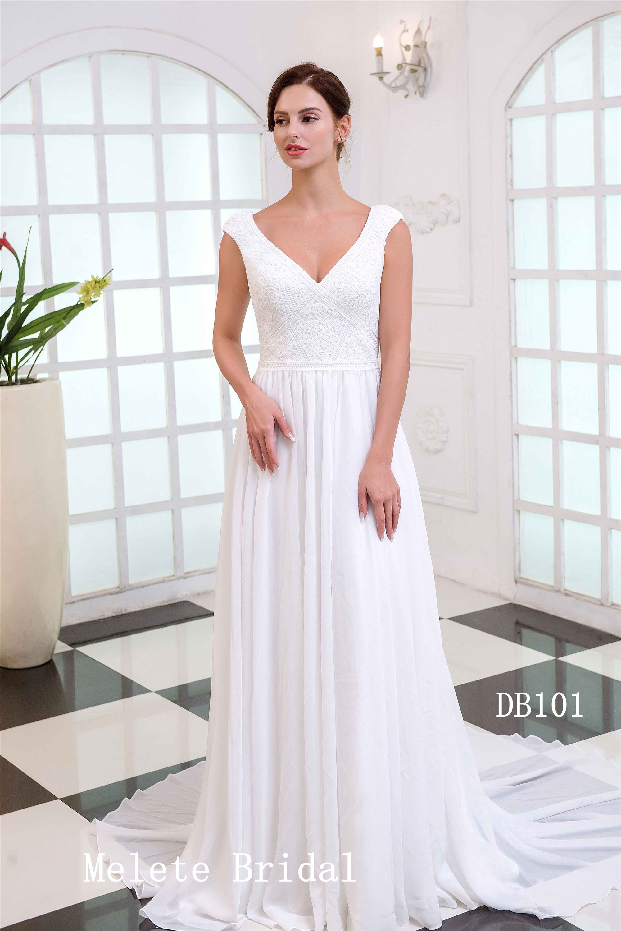 Chiffon fabric A line princess style V neckline new design bridal gown