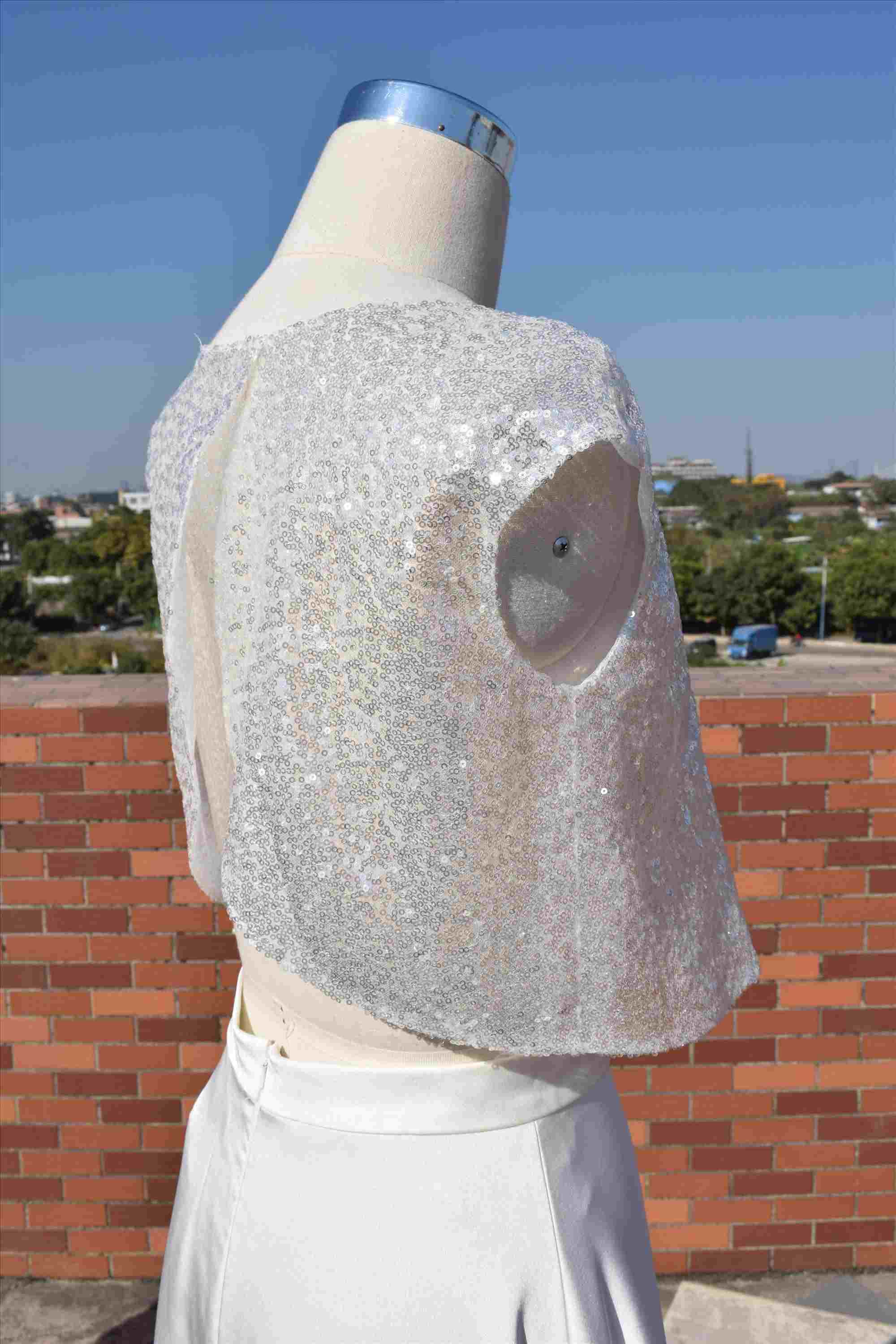 Two sets bridal gown sequins fabric bodice and satin pants bridal dress