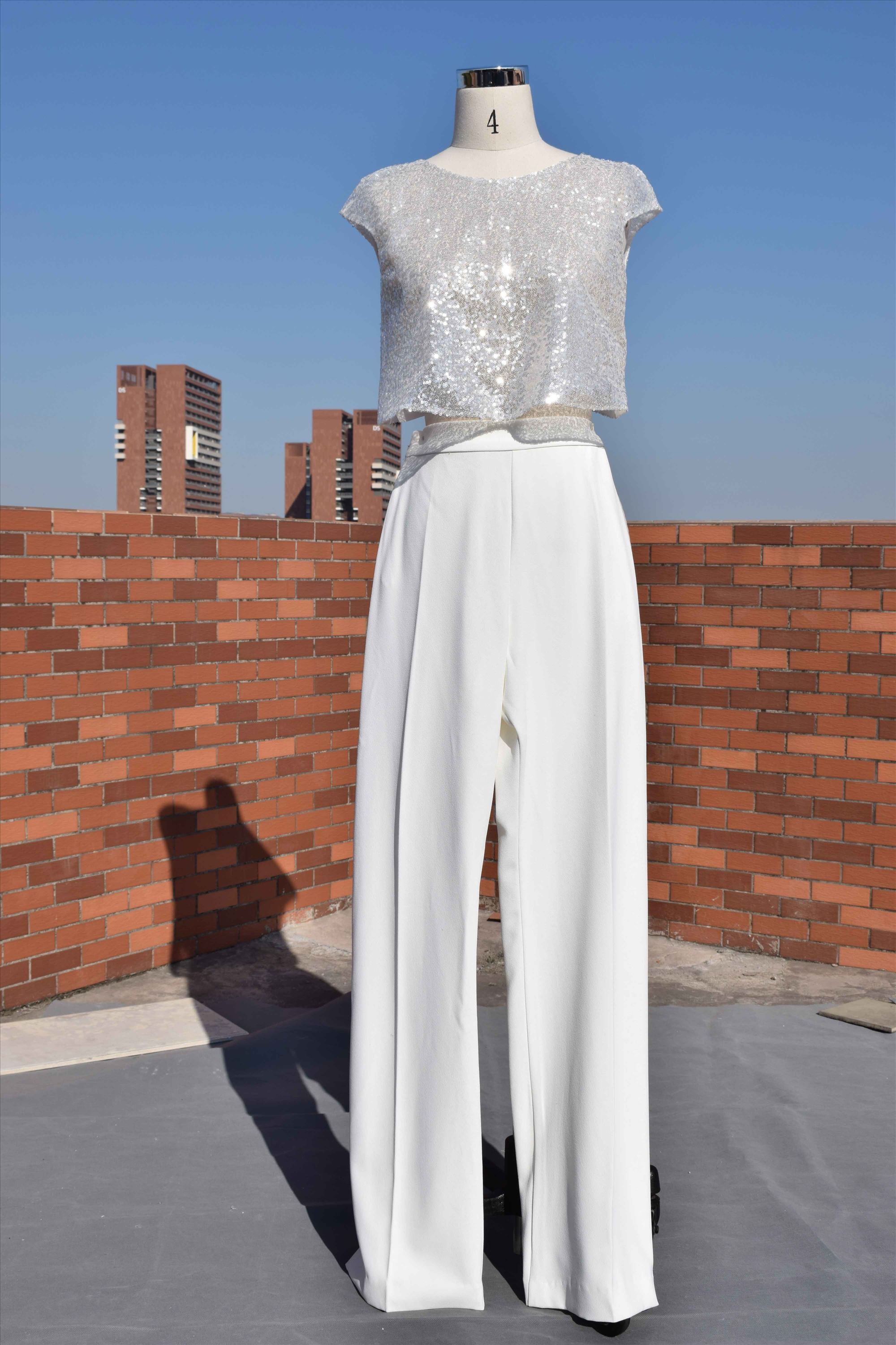 Two sets bridal gown sequins fabric bodice and satin pants bridal dress