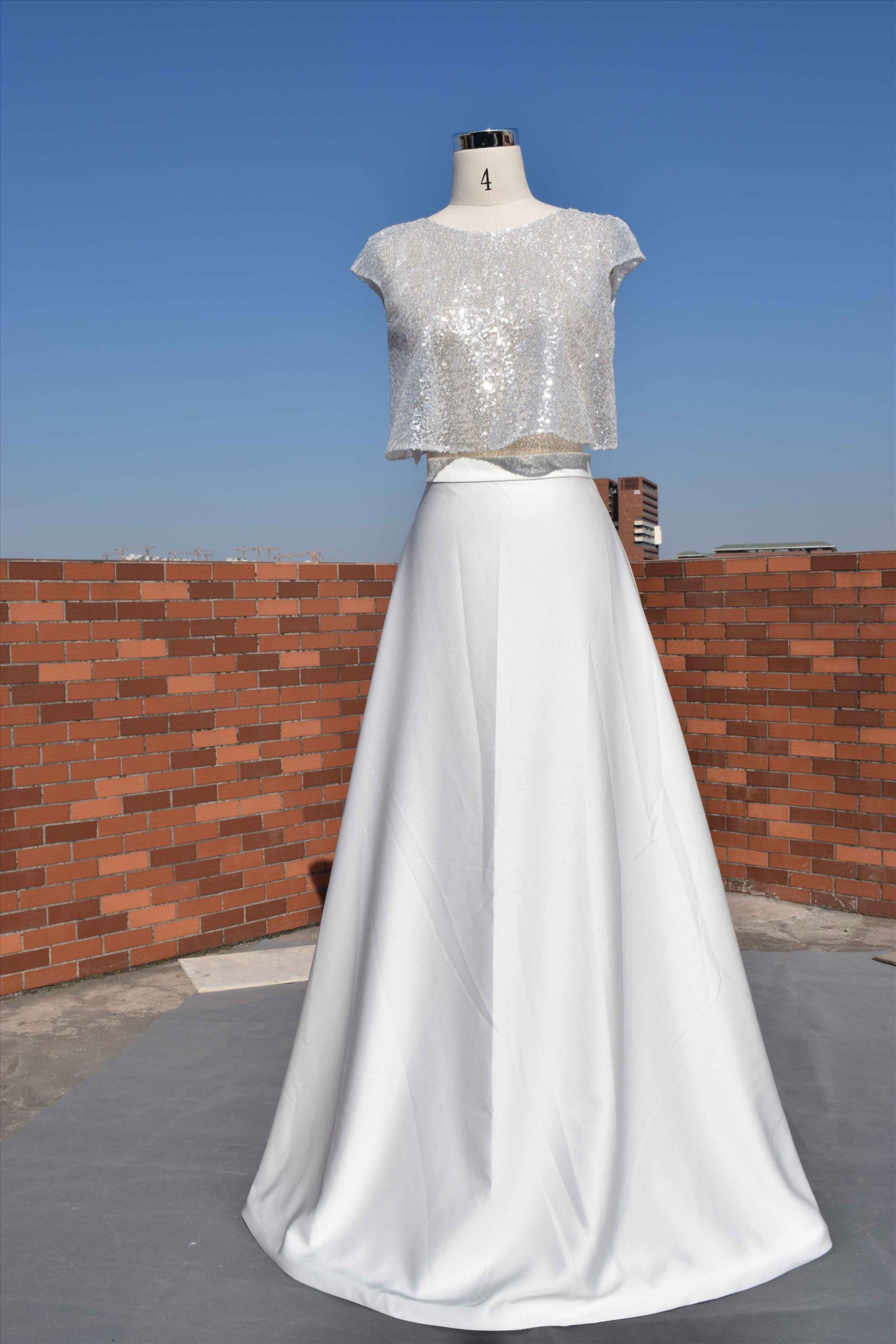 Two sets bridal gown sequins fabric bodice and satin skirt A line bridal dress