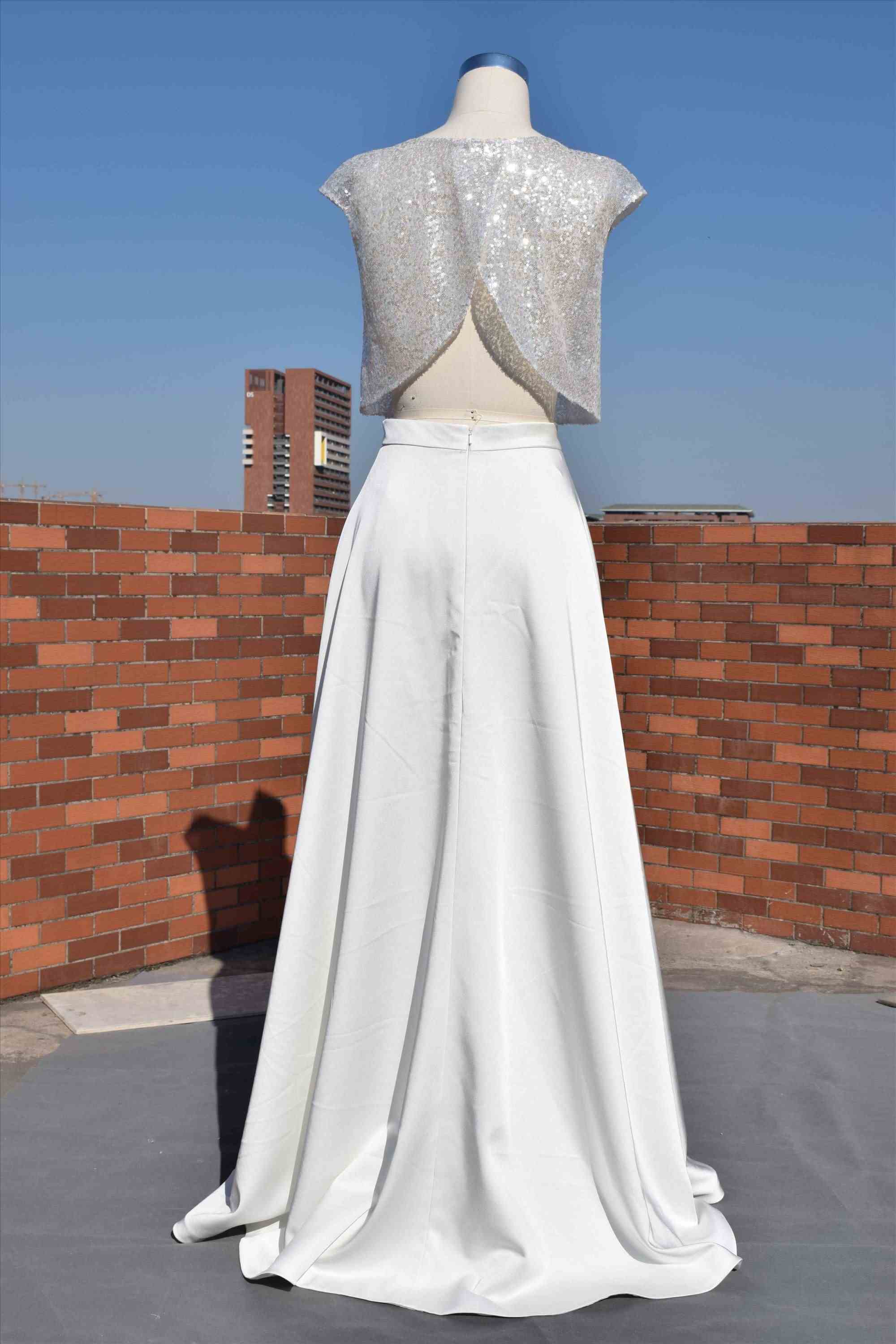 Two sets bridal gown sequins fabric bodice and satin skirt A line bridal dress