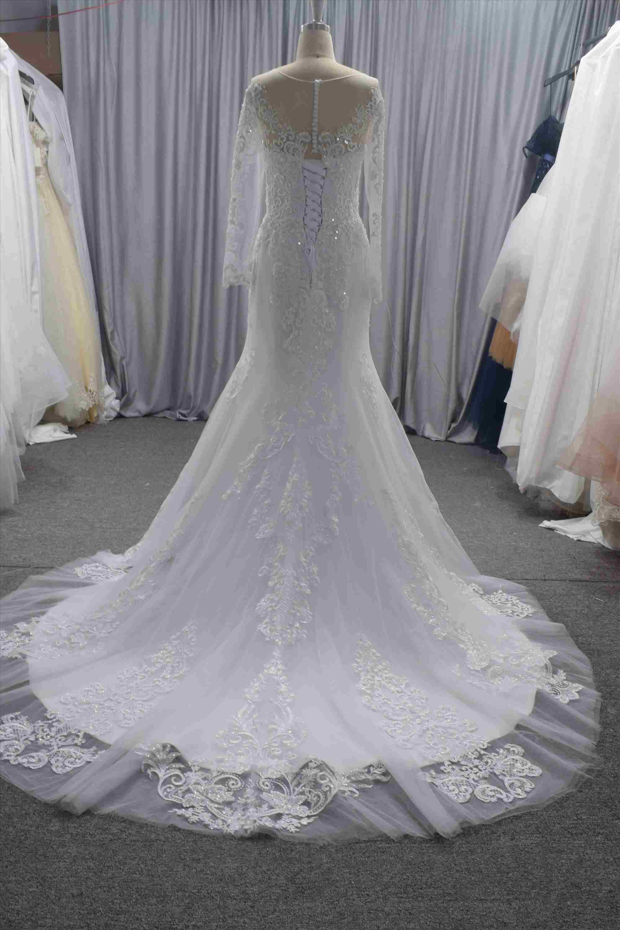 Long sleeves lace mermaid wedding dress with big detachable train