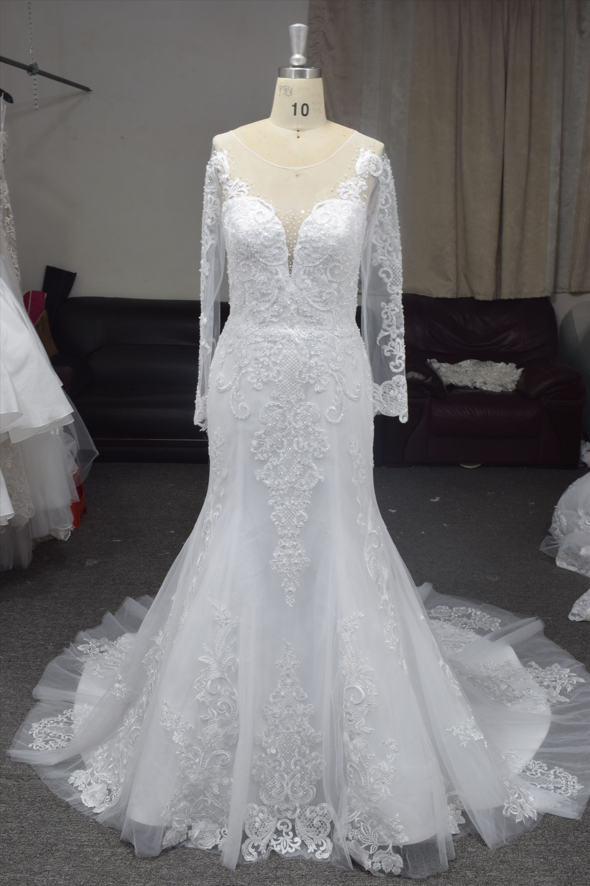 Long sleeves lace mermaid wedding dress with big detachable train