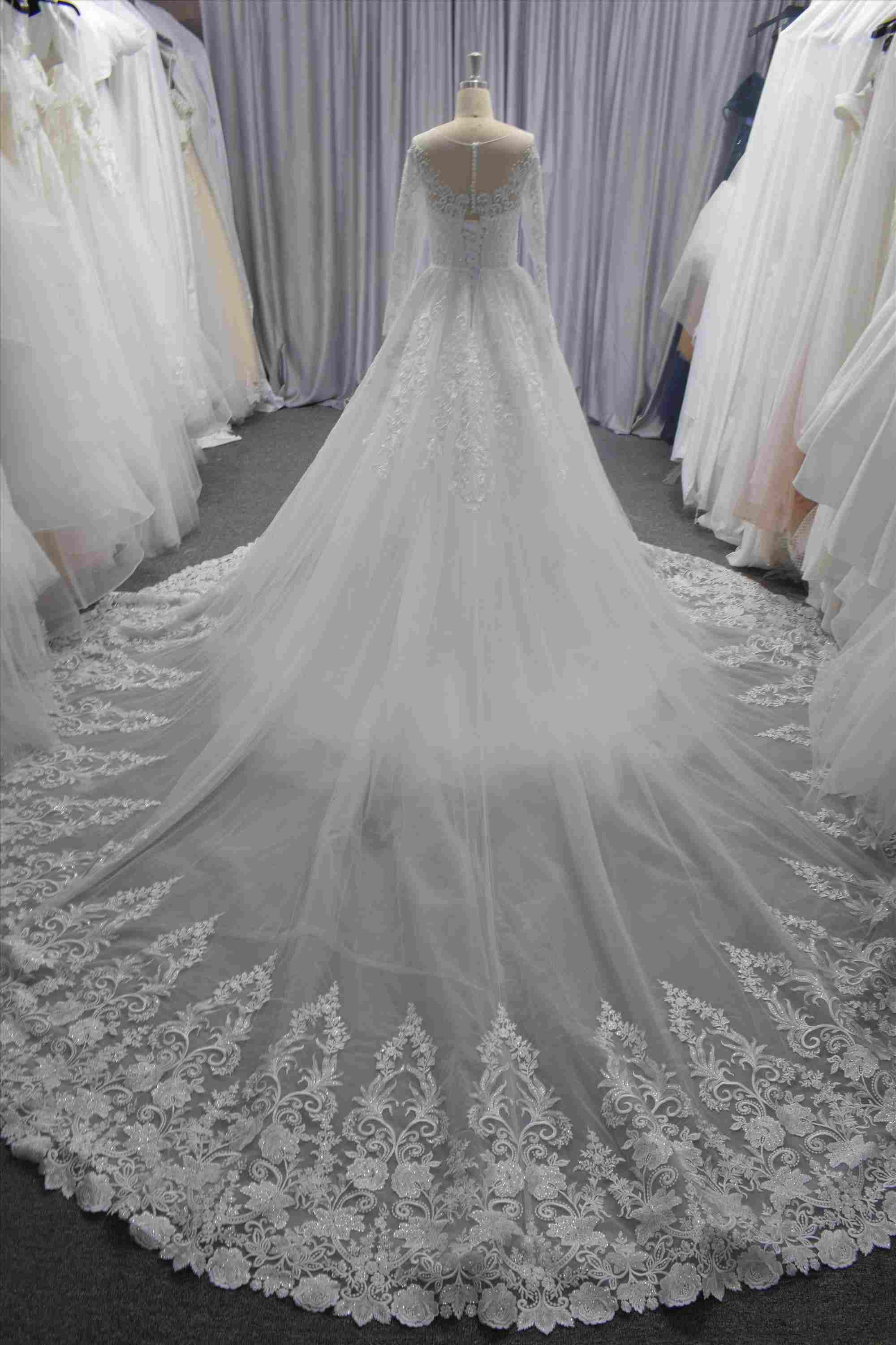 Long sleeves lace mermaid wedding dress with big detachable train