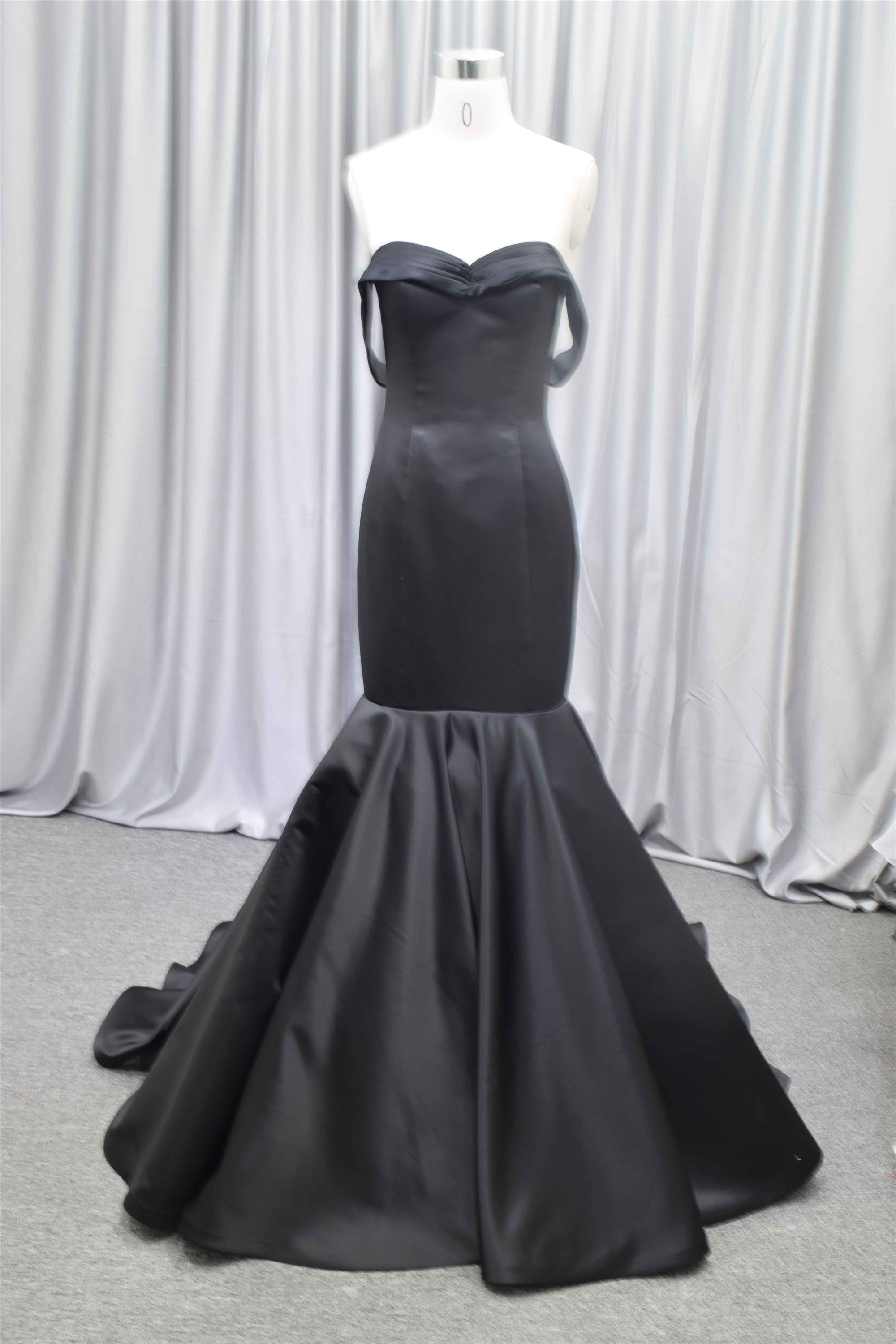 Black color wedding dress satin mermaid off shoulder bridal gown