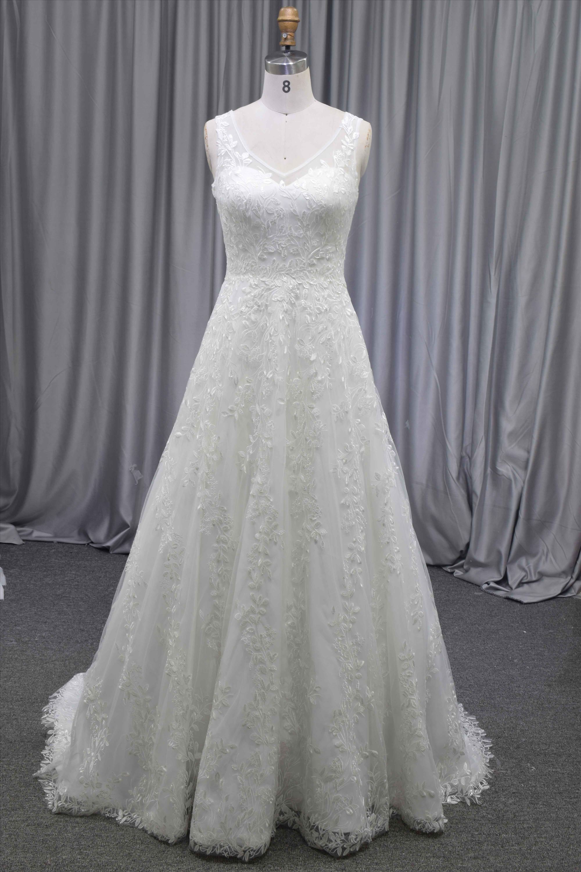 V neckline A line brilliant lace wedding dress