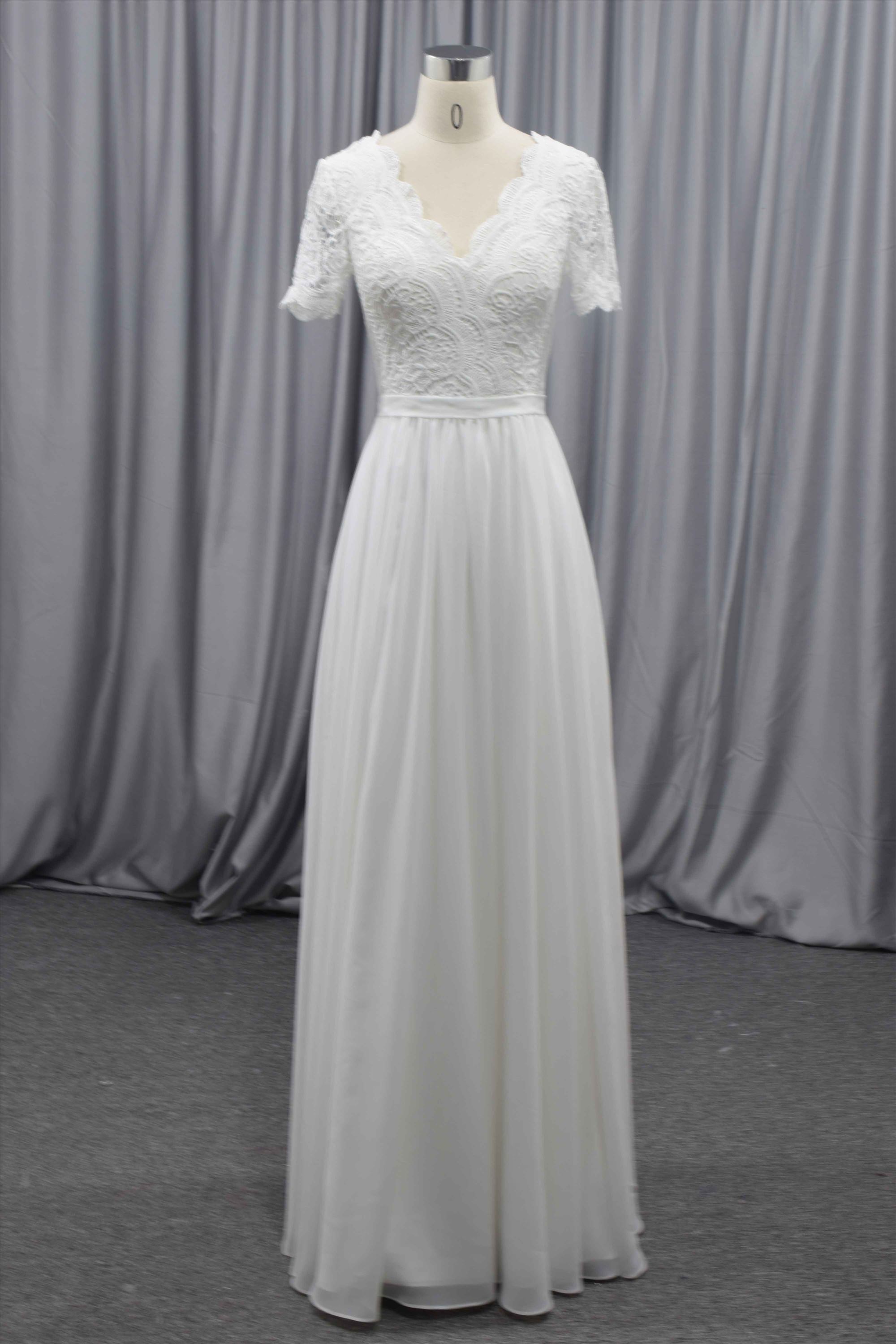 Short sleeves V neckline light chiffon gown wholesale price bridal gown