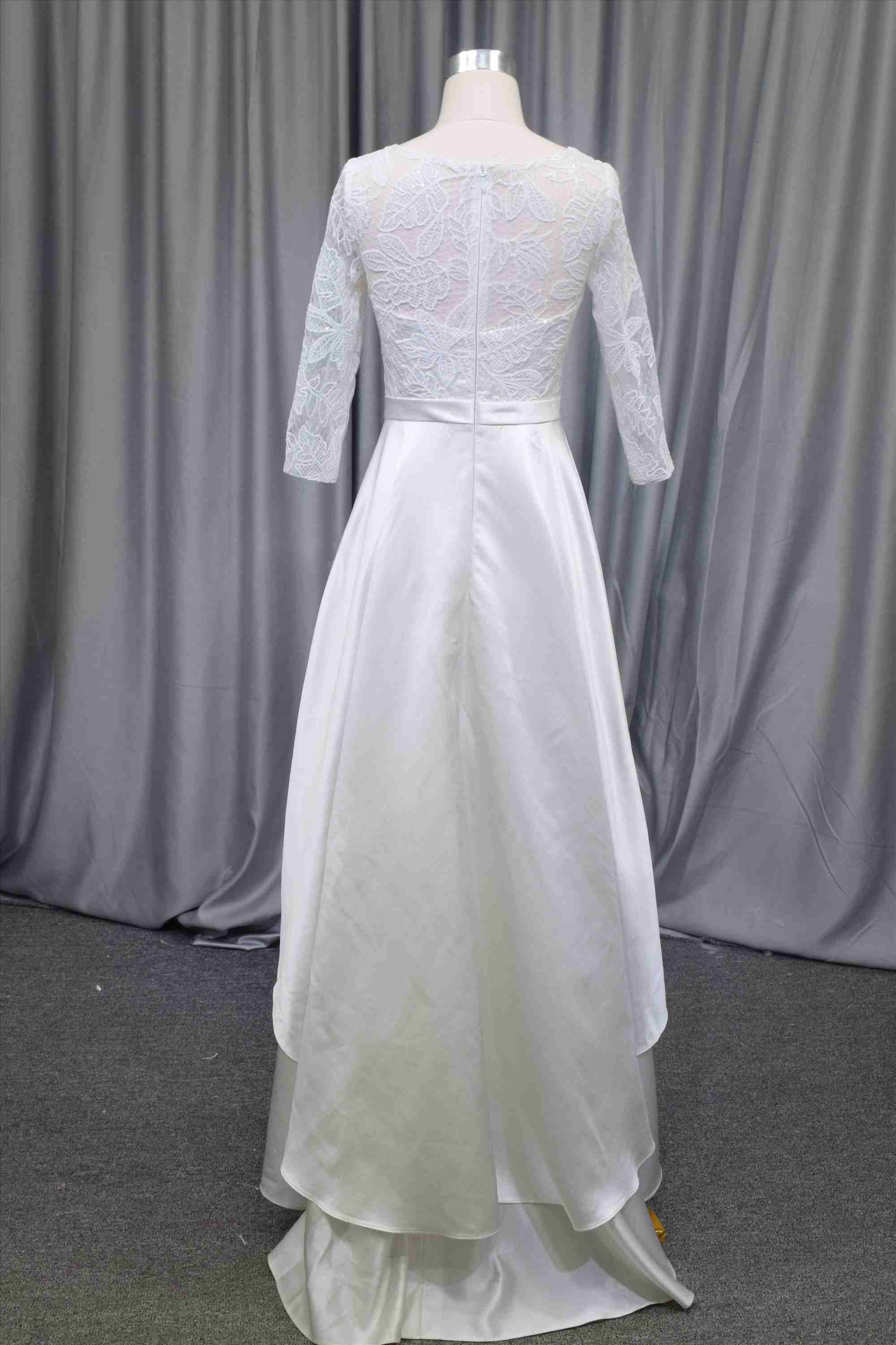 3/4 sleeves illusion neckline satin gown wholesale price bridal gown
