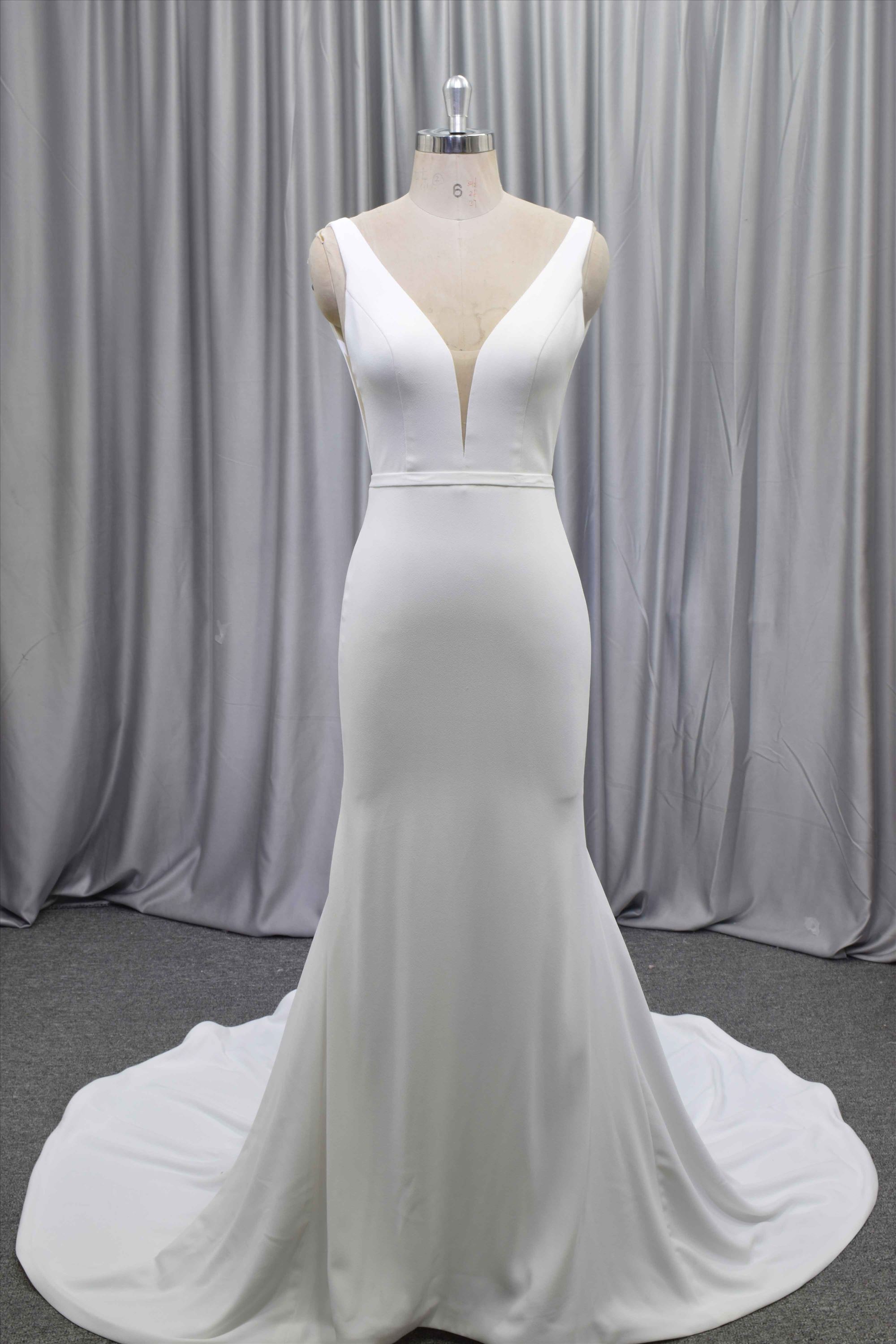 V neckline night back crepe fabric wedding dress