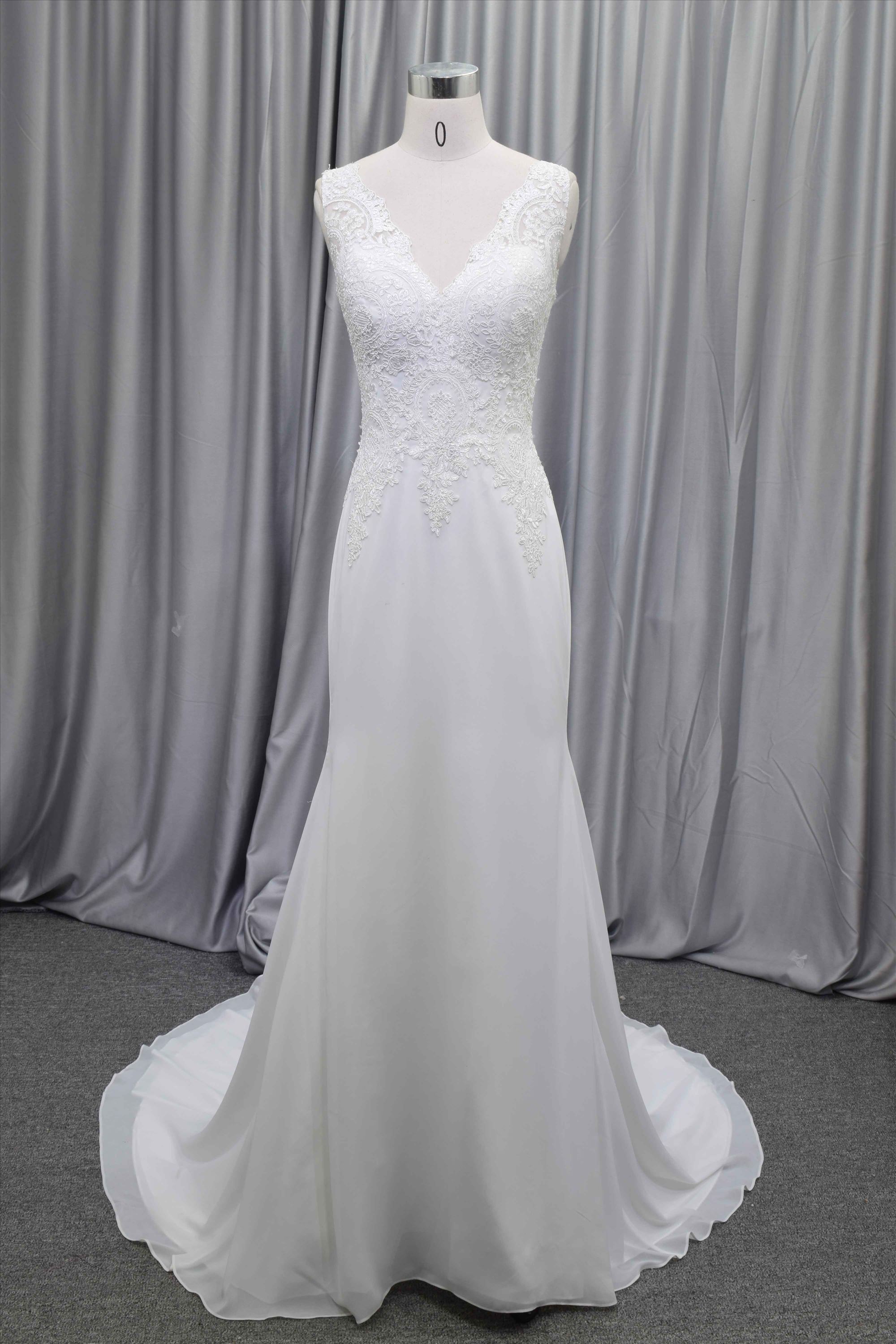 Sheath chiffon elegant wedding dress lace illusion straps bridal gown