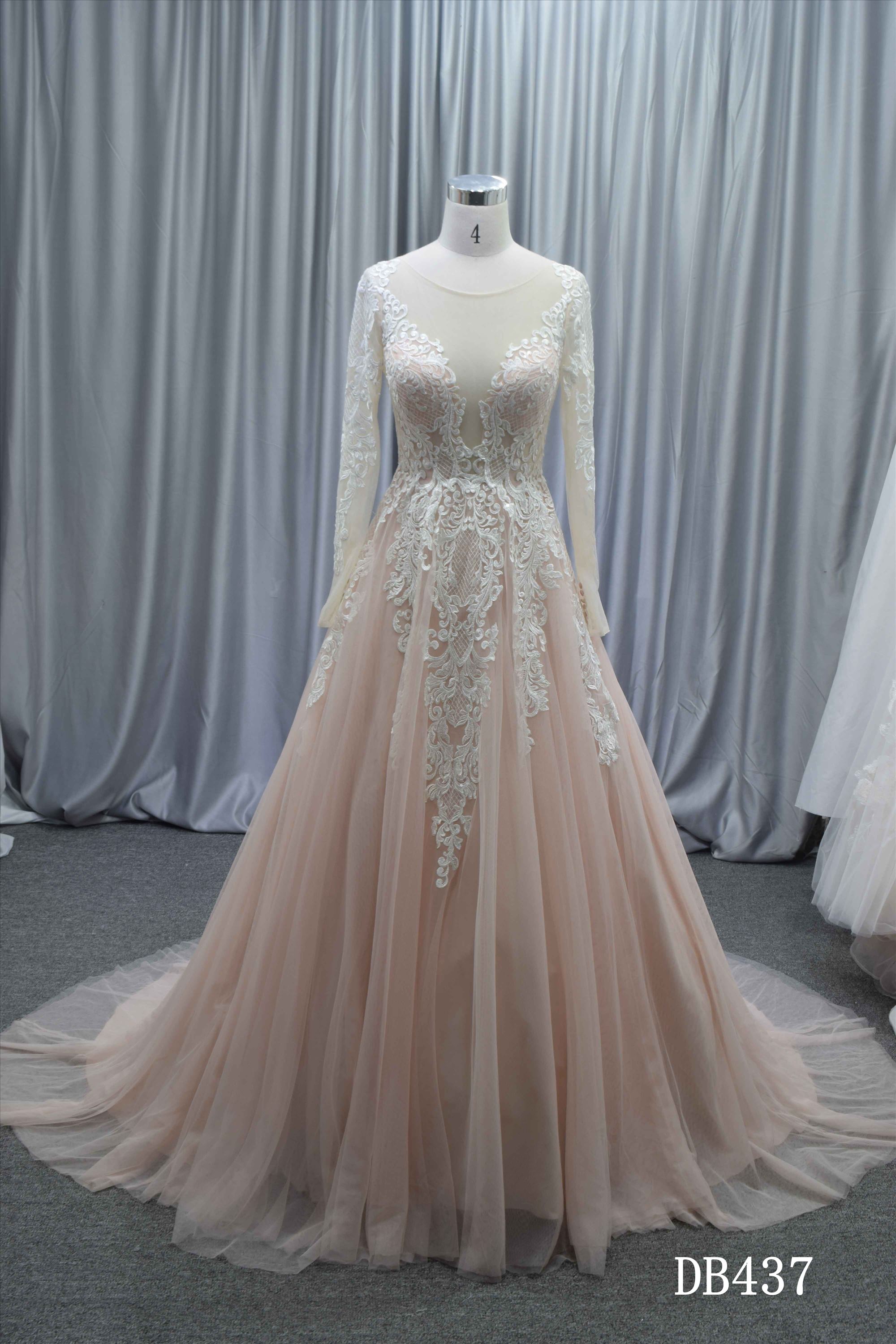 Popular blush color illusion bodice ball gown wholesale price bridal gown