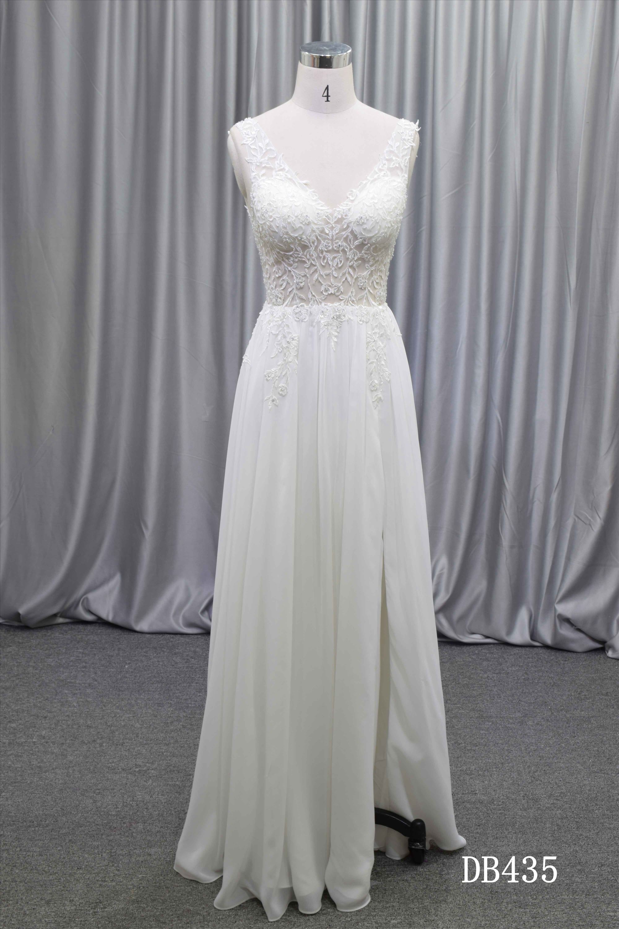 Illusion bodice chiffon skirt open skirt A line bridal gown