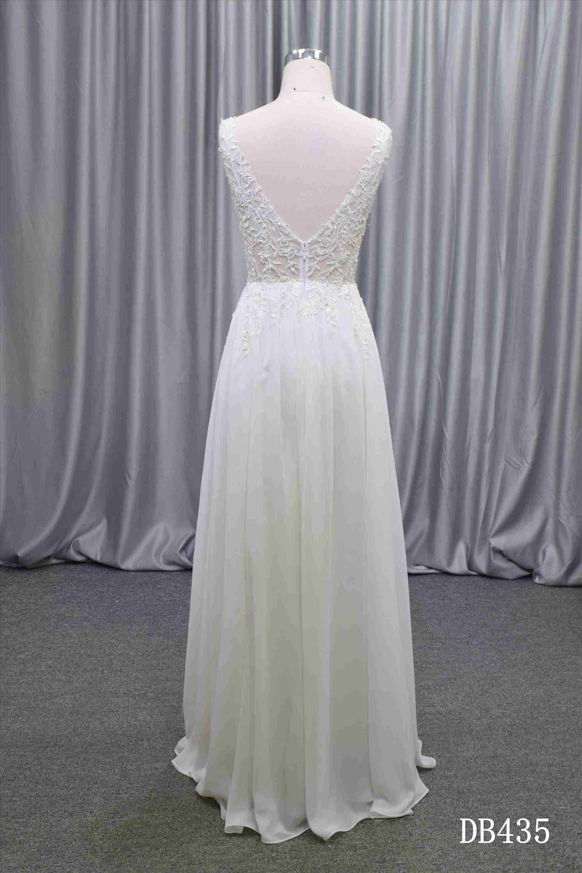 Illusion bodice chiffon skirt open skirt A line bridal gown
