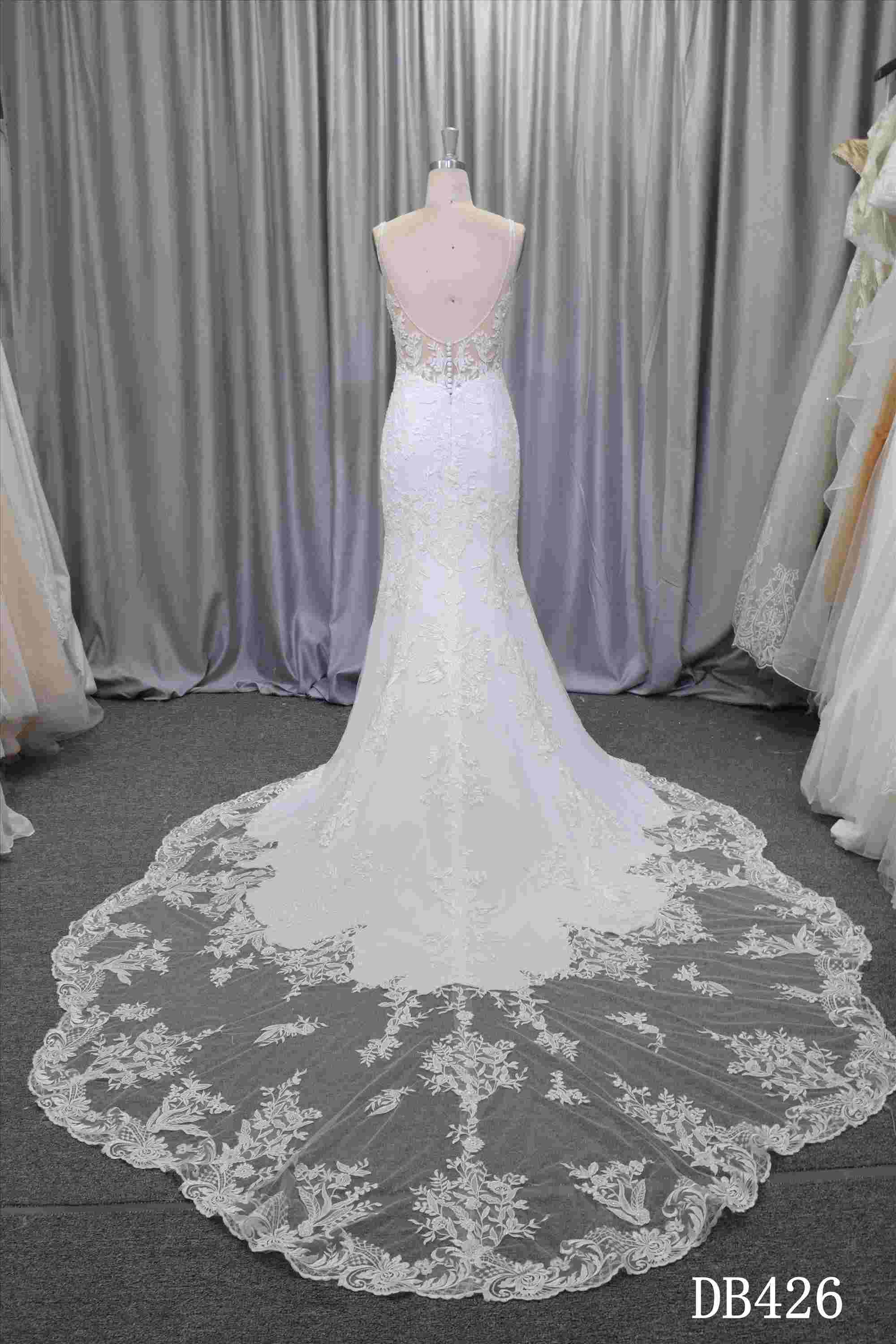 Crepe with lace wedding dress Illusion back bridal gown