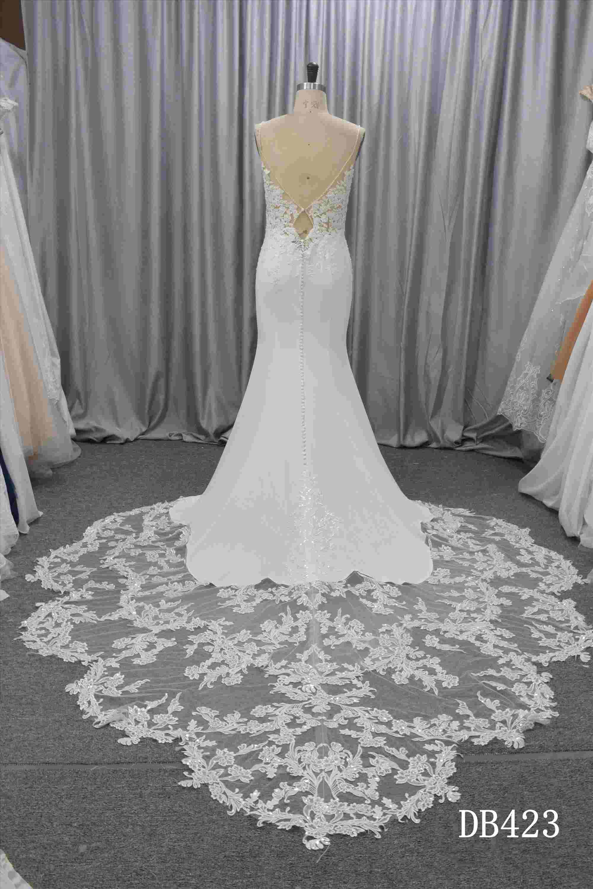 Spaghetti straps wedding dress with detachable lace train