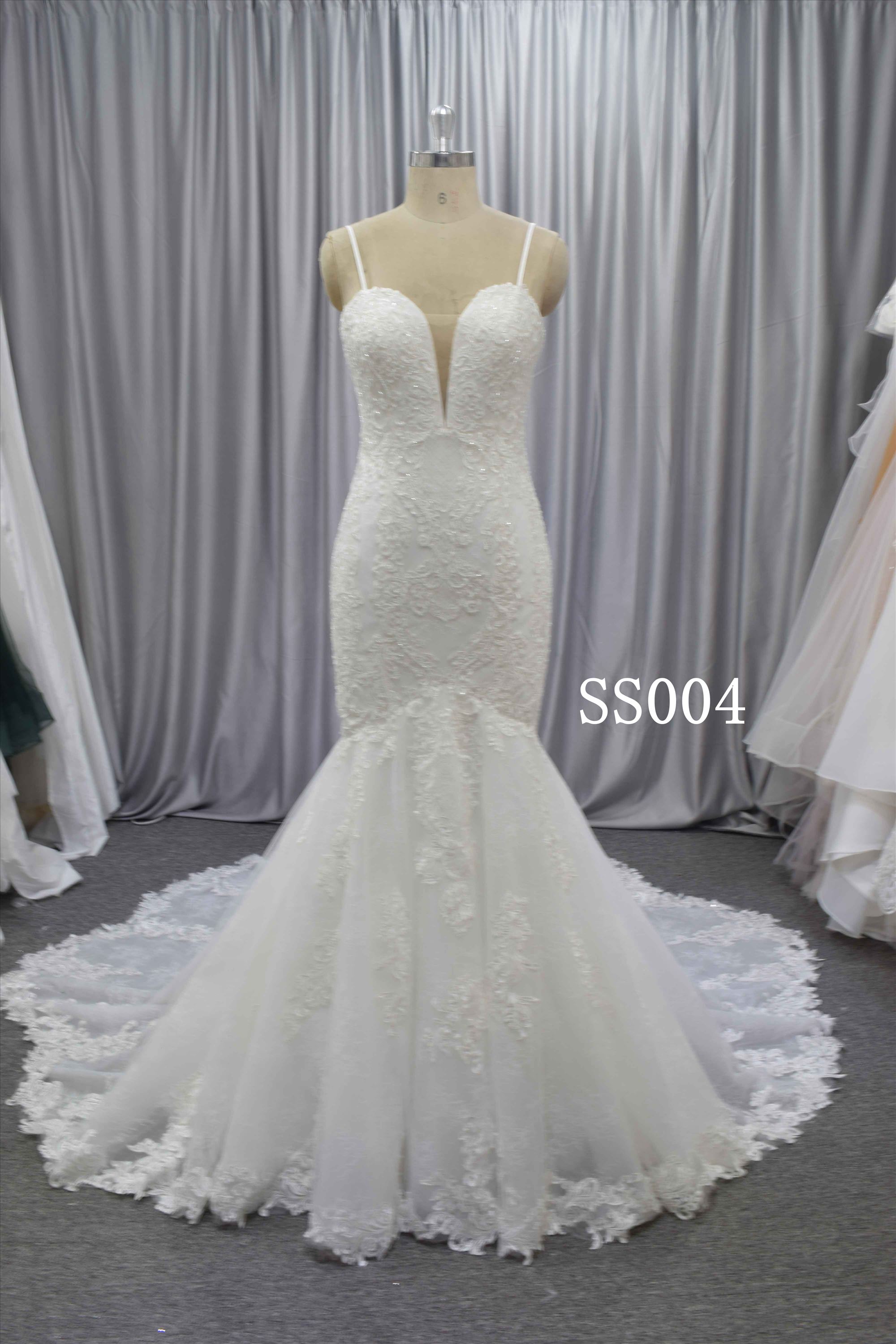 Fashionable mermaid bridal gown with spaghatti strap wedding dress in stock