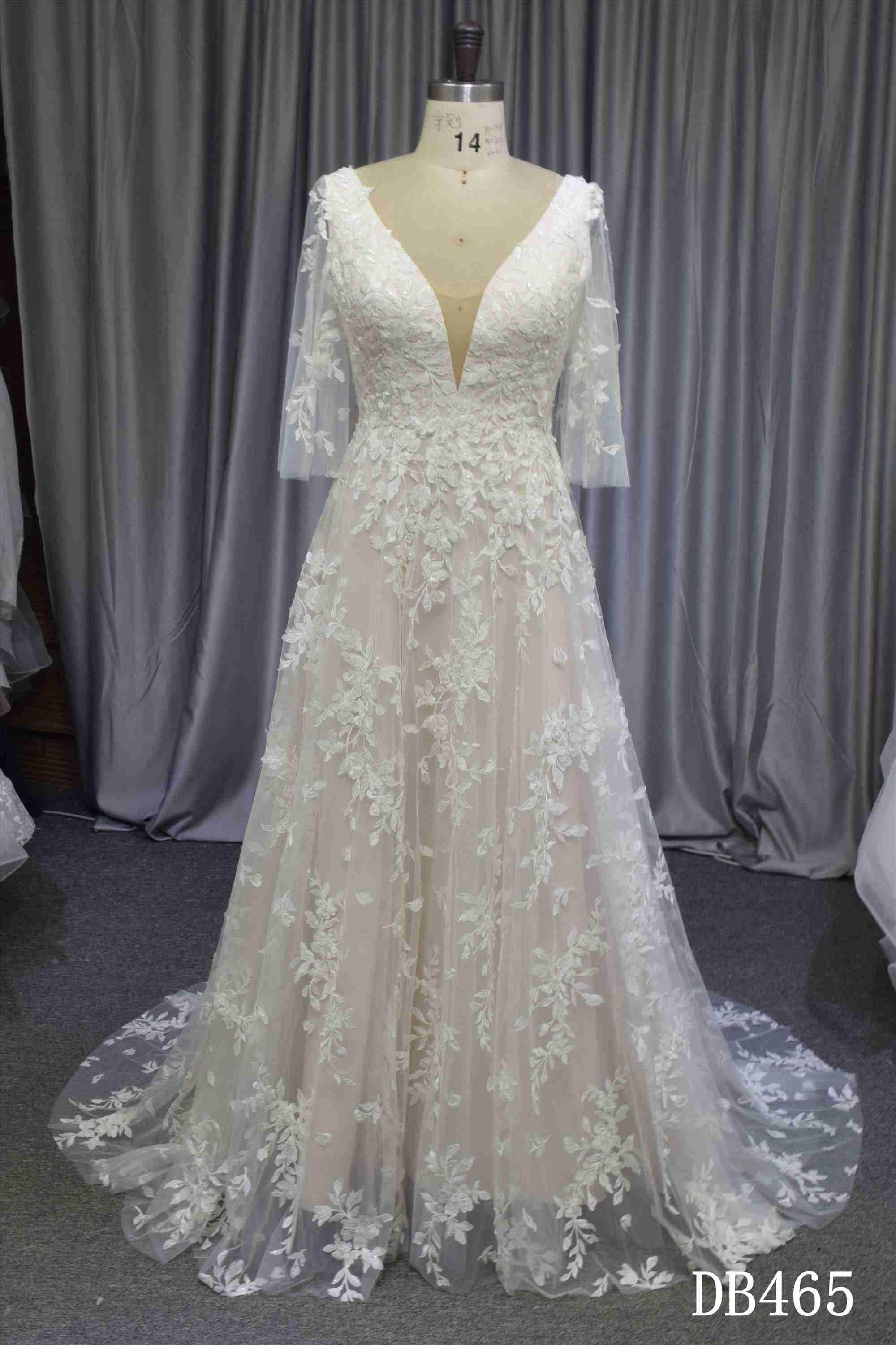 Elegant A line bridal gown with sleeves blush color wedding dress