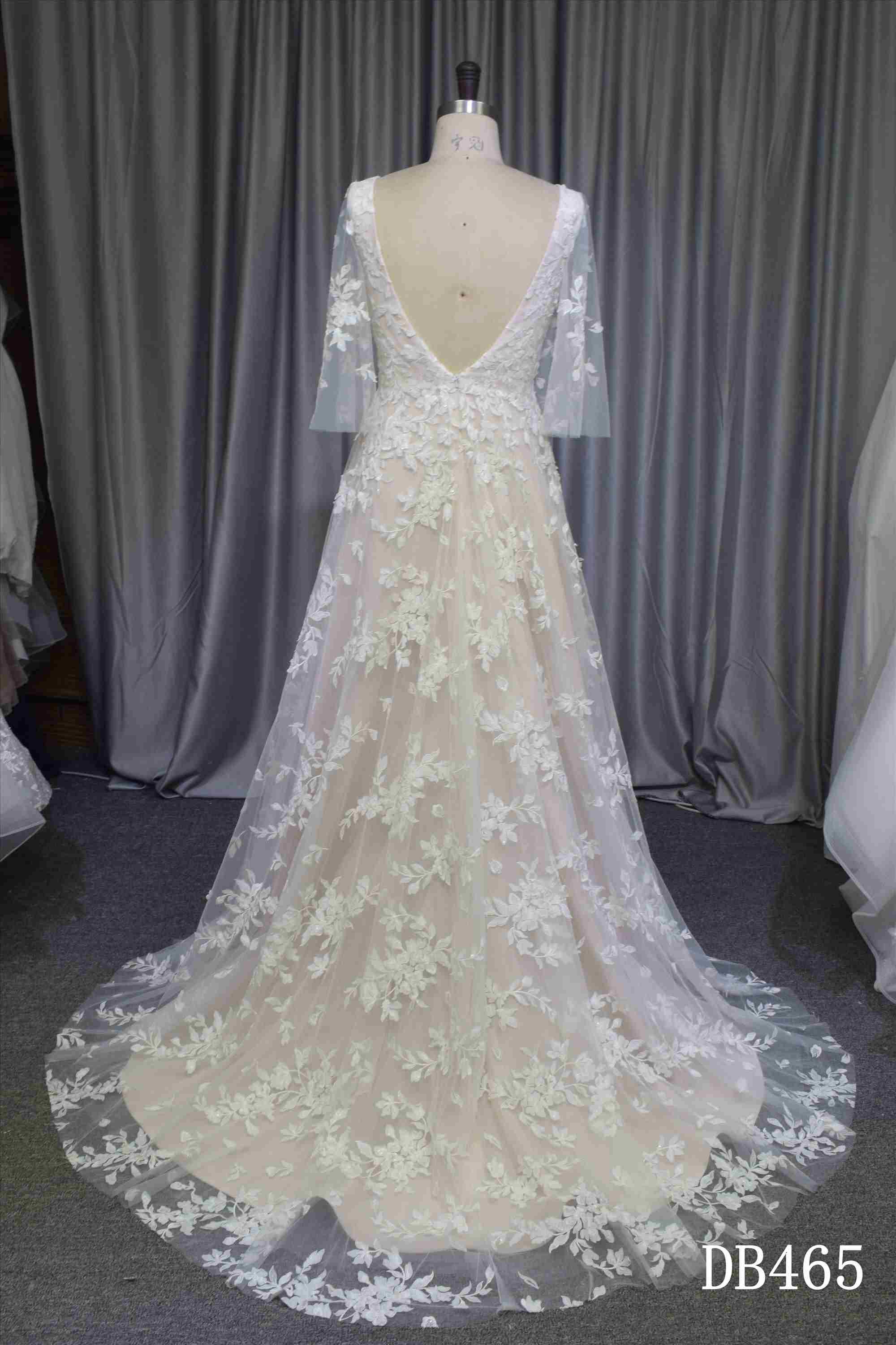 Elegant A line bridal gown with sleeves blush color wedding dress