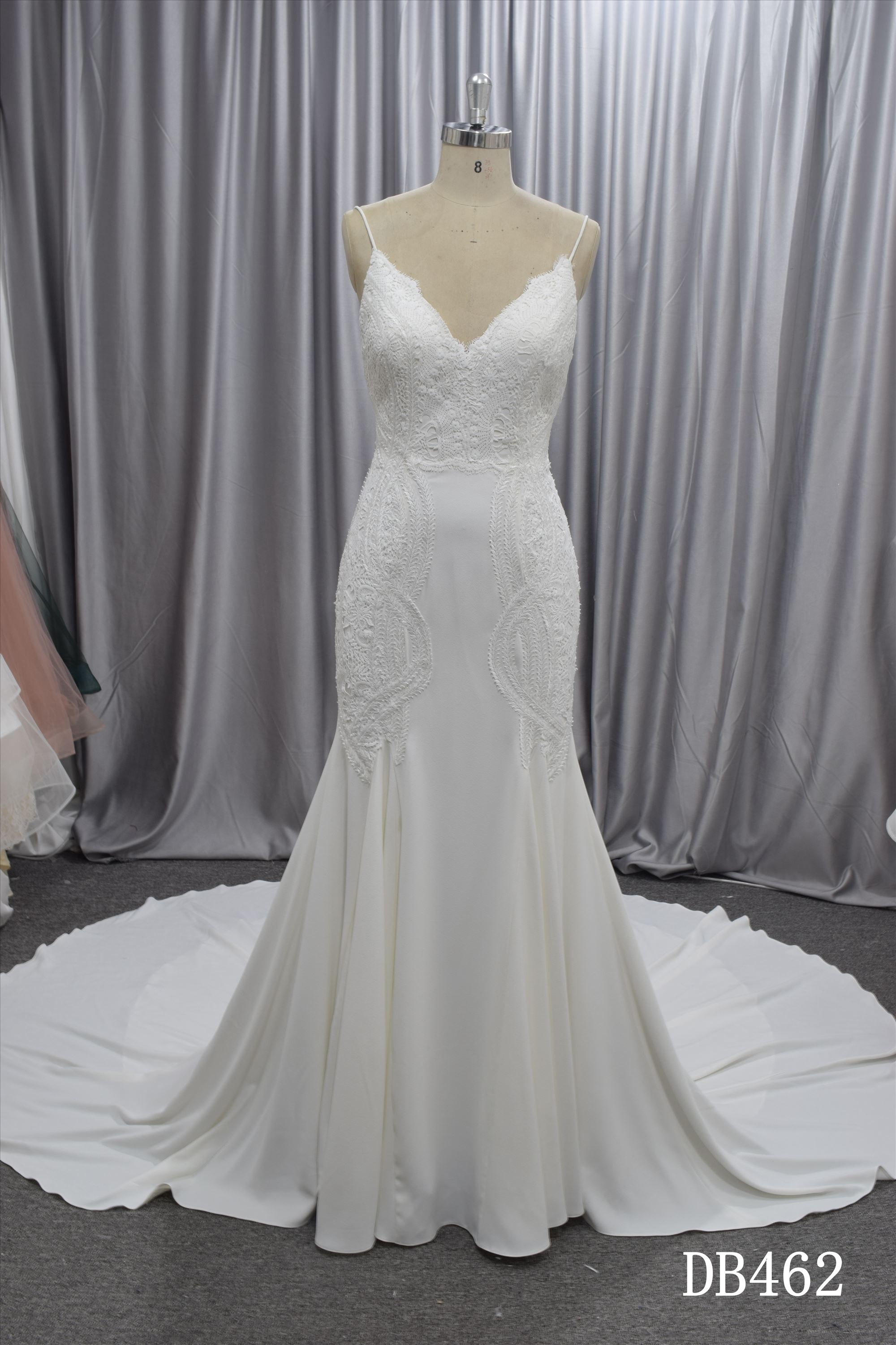 Spaghetti straps crepe wedding dress mermaid style bridal gown