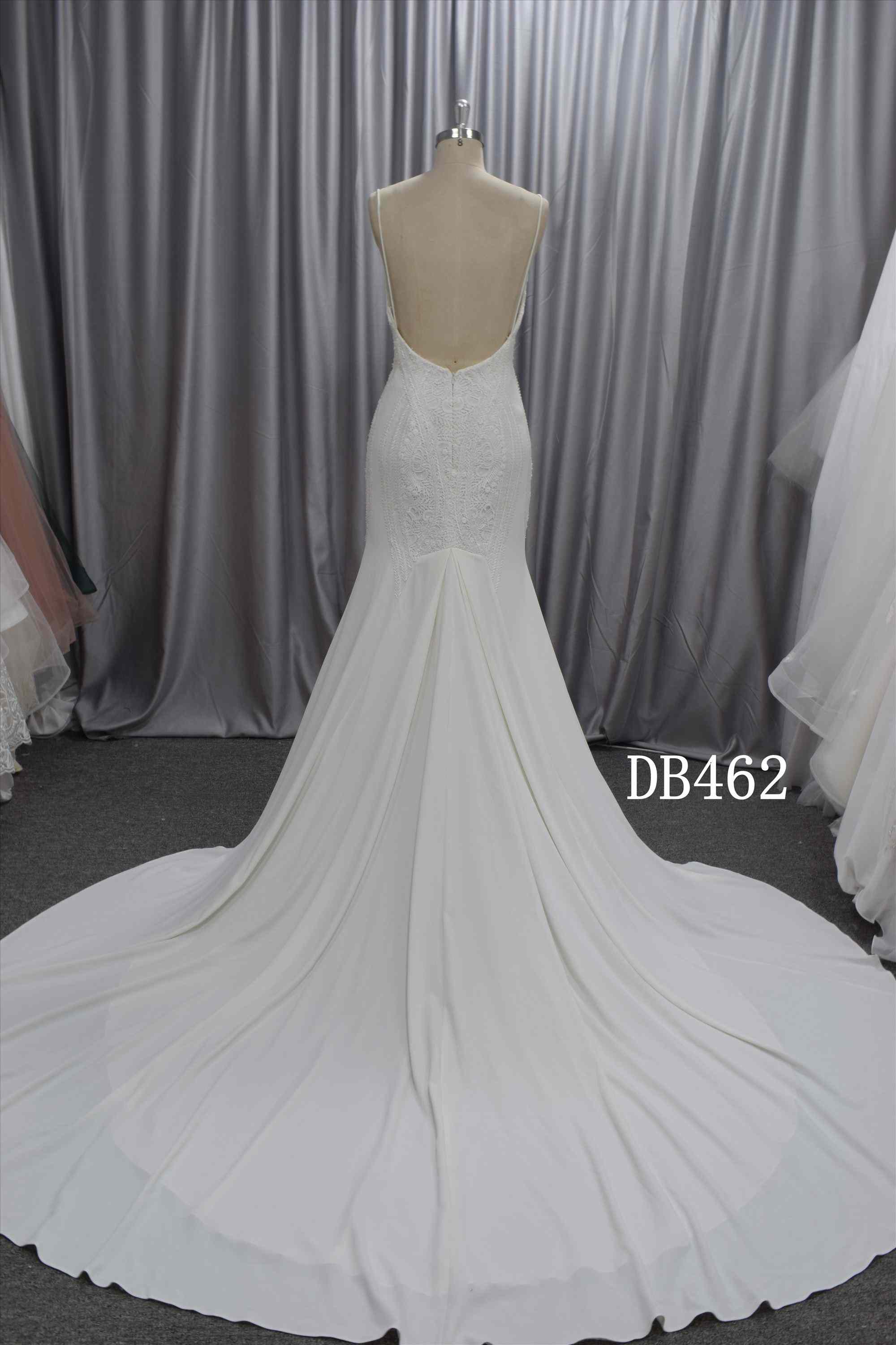 Spaghetti straps crepe wedding dress mermaid style bridal gown