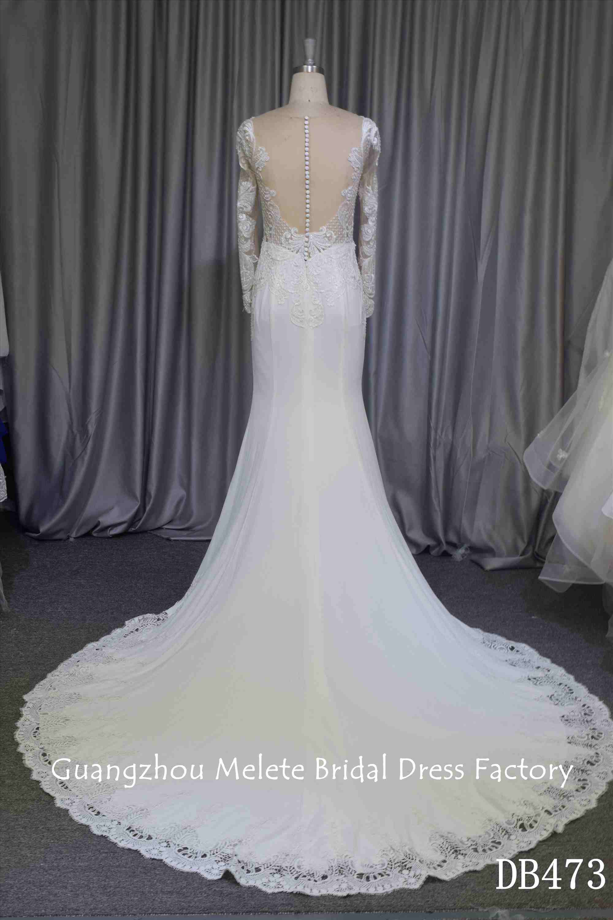 Long sleeves mermaid crepe bridal dress with lace and beading