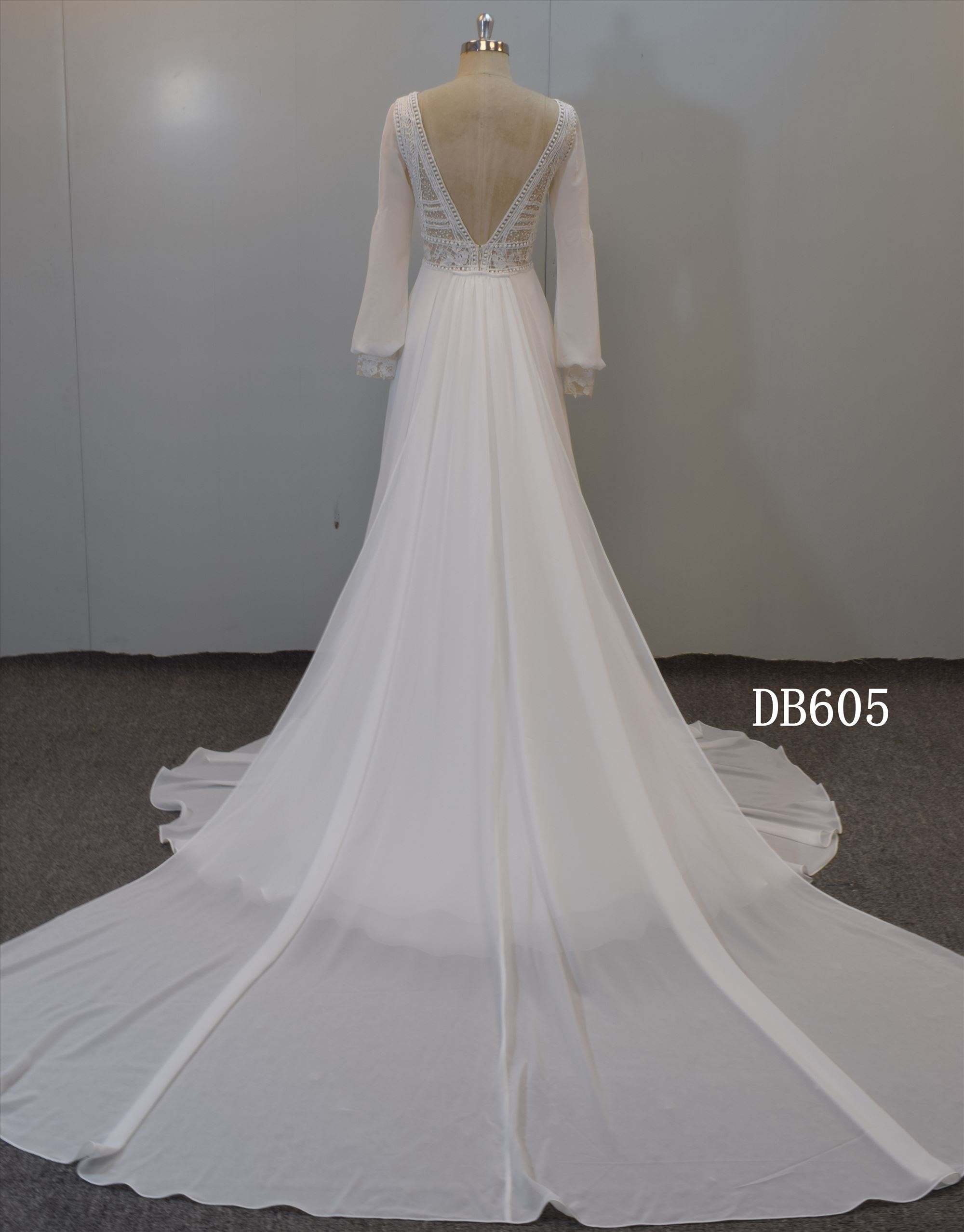 Chiffon Long Sleeves A Line Bridal Gown with Detachable train Bridal Dress