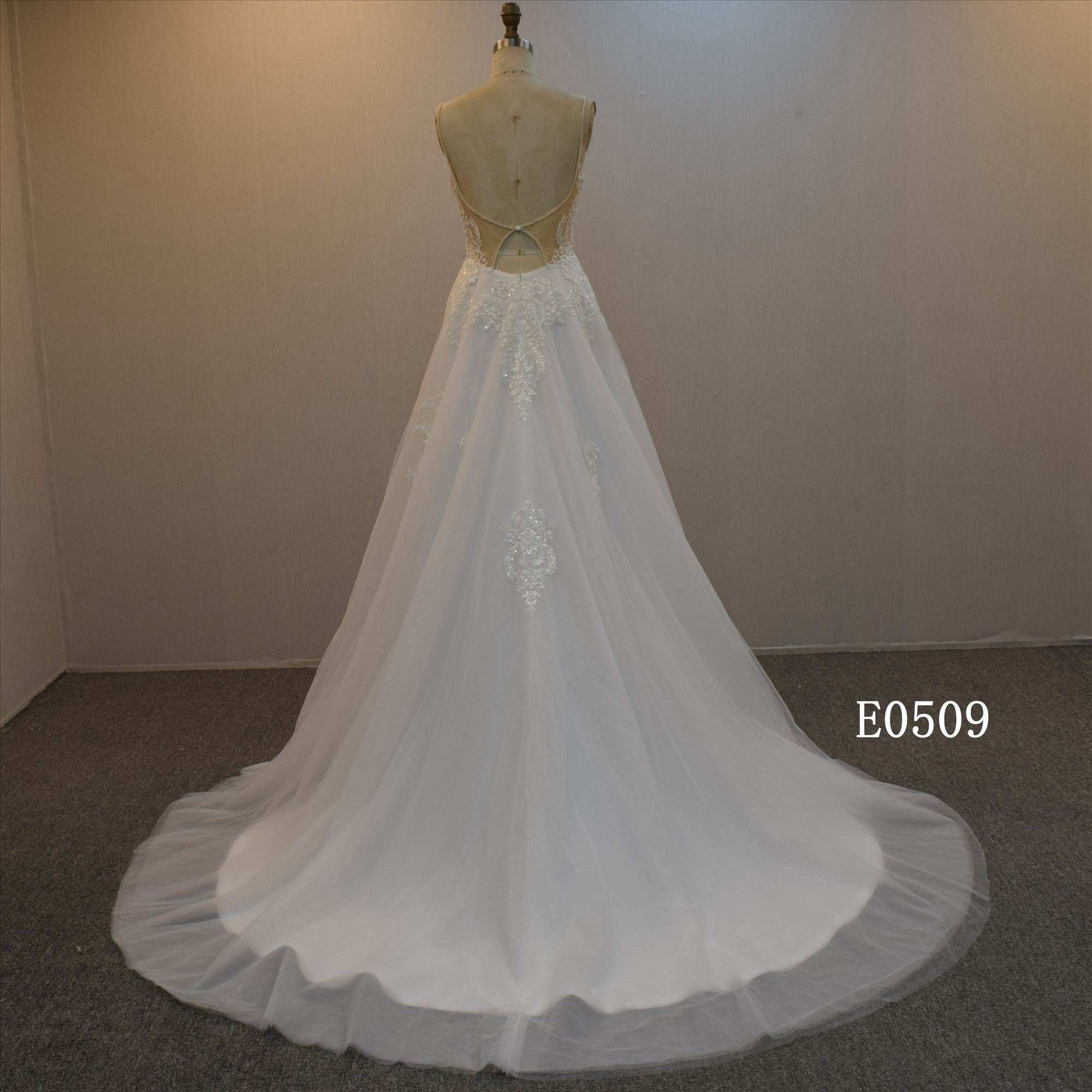 Beaded Spaghetti Straps Wedding Gown with Cross Illusion Back