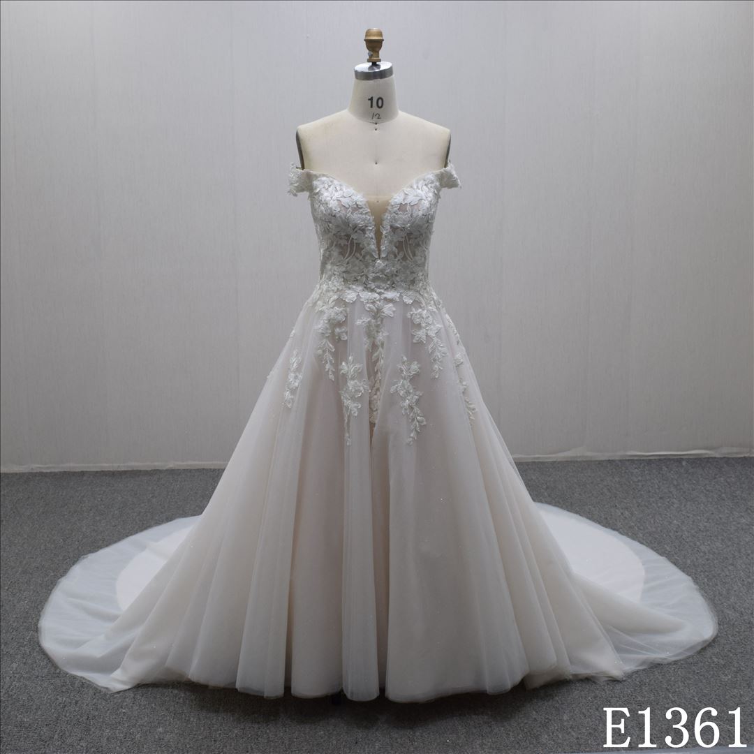 High Quality Princess Off Shoulder  Lace Flower Tulle Wedding Dress