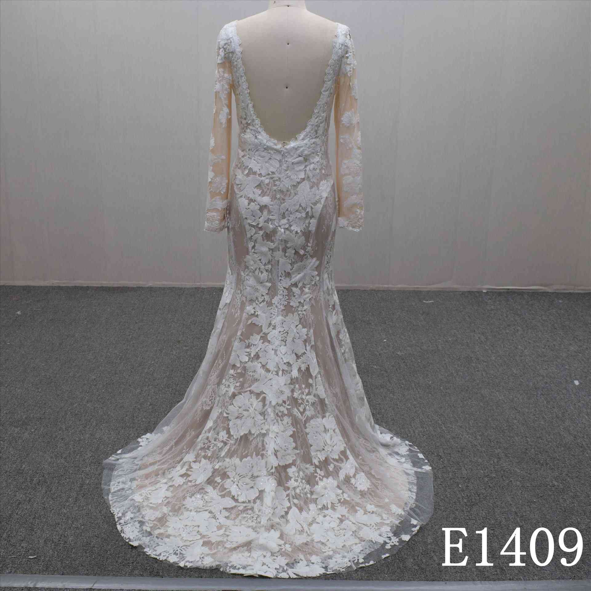 Autumn Grace Long Sleeves V Neck Backless Tulle Hand Made  Bridal Dress