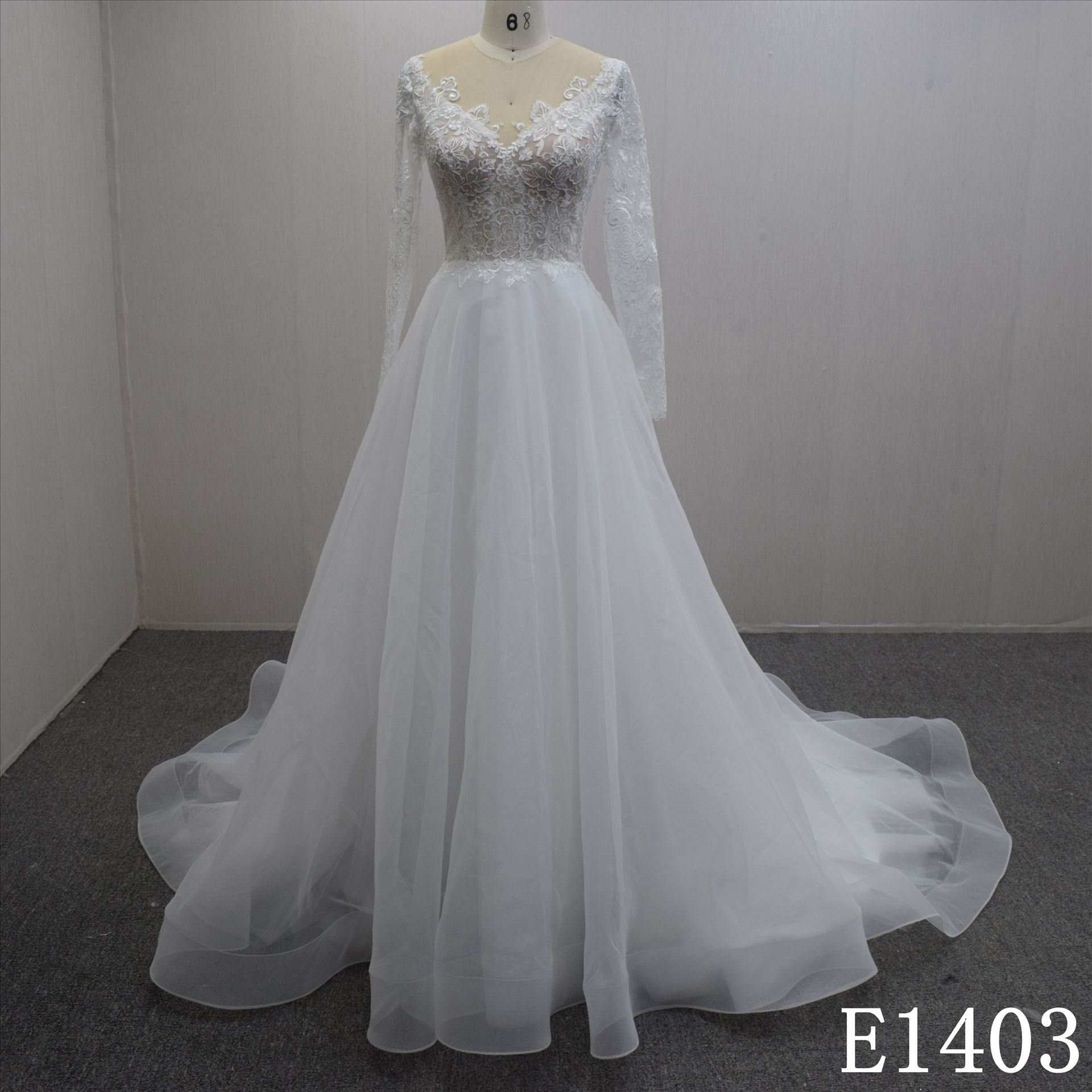 Autumn Graceful Long Sleeves Illusion Lace Flower Hand Made  Bridal Dress