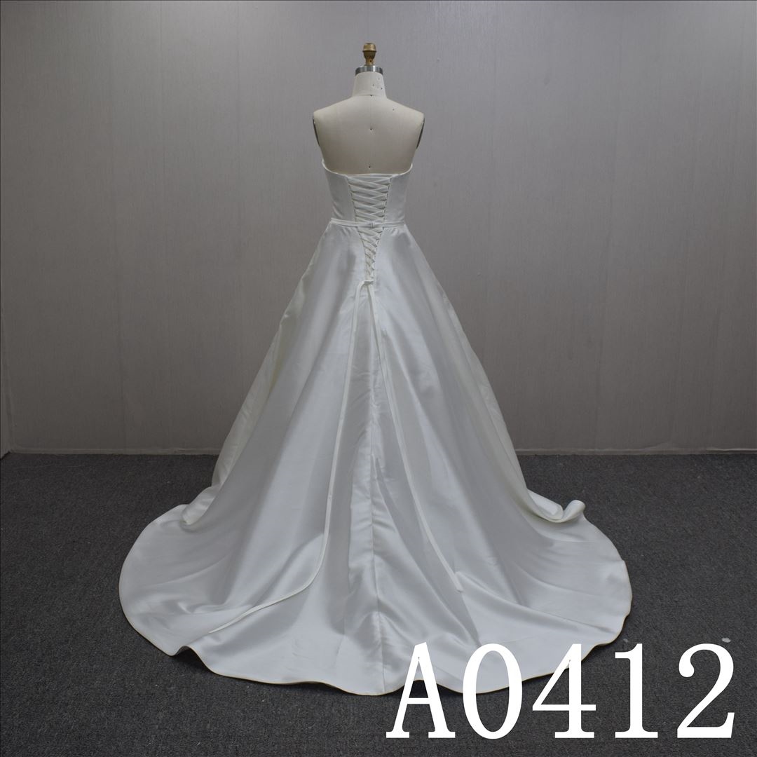Custom Simple A-line  Straight Neck Satin Hand Made Bridal Dress