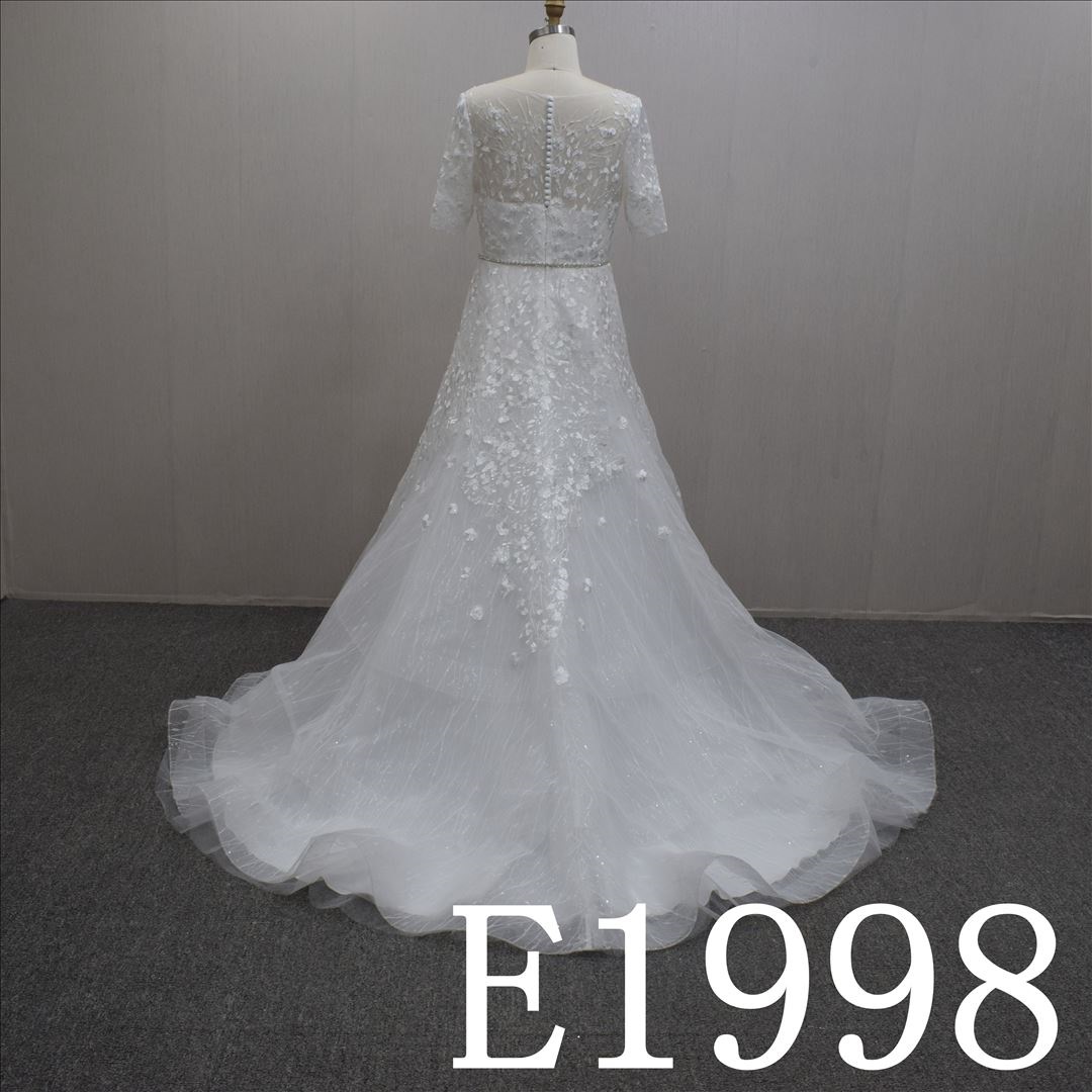 Elegant ILLUSION with lace flower wedding dress Guang Zhou Made