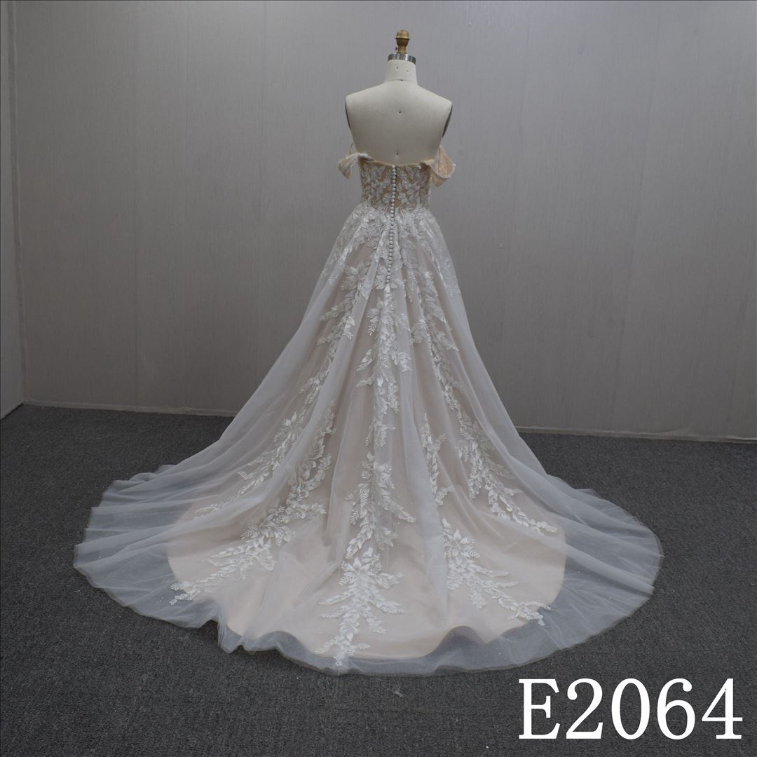 Simple Off Shoulder A-line Lace Flower Sweetheart Hand Made wedding Dress
