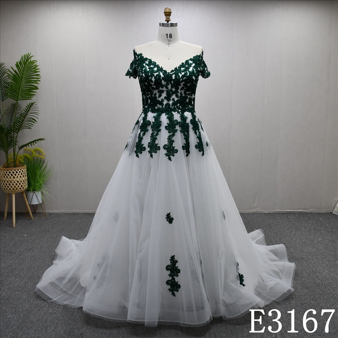New Design Green Lace Elegant A-line Applique Wedding Dress Bridal Gown