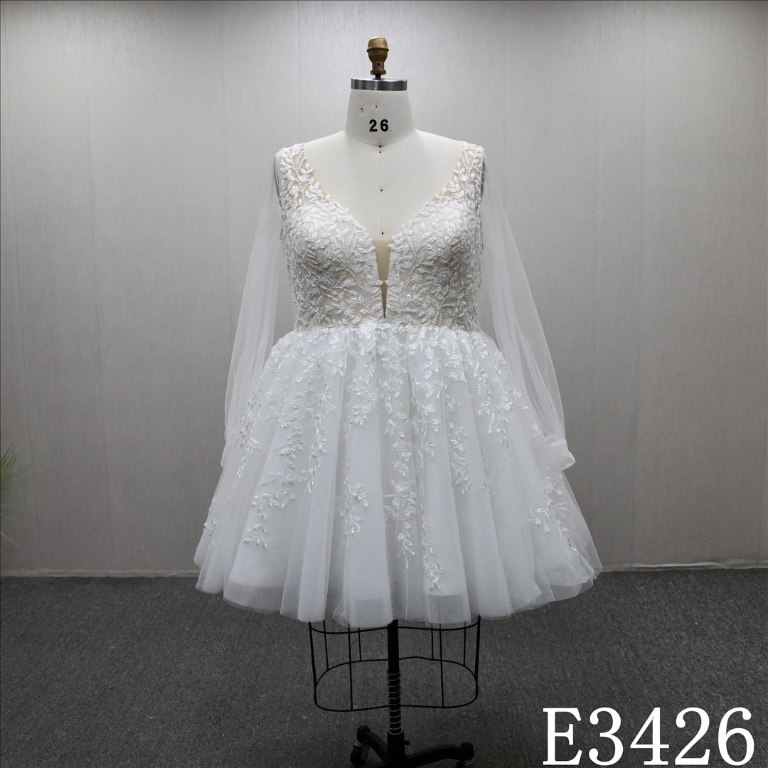2025 Long Sleeve V-neckline Lace Applique A-line High Quality Short Skirt