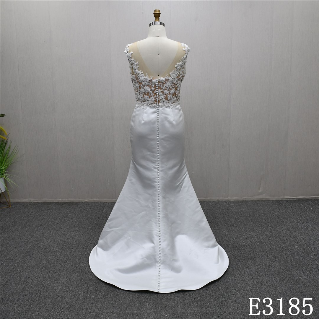 Illusion Lace Applique Beaded Split High Quality Sheath Mermaid Wedding Dress