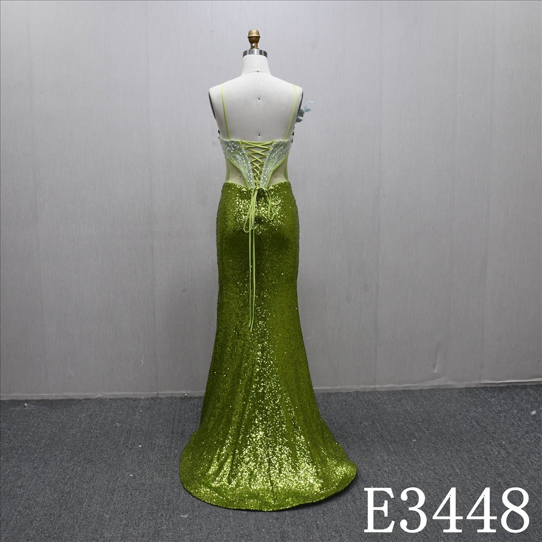 Elegant Spaghetti Straps Lace Beaded Sequins Sheath Mermaid Split Bridal Gown