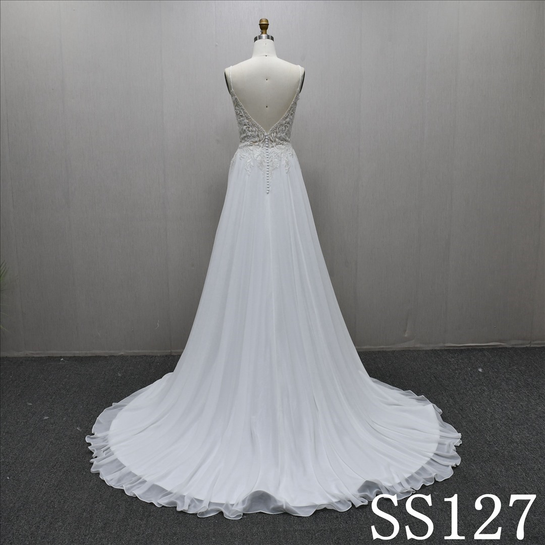 V Neckline Fashion Elegant Lace Beaded A-line High Waist Popular Wedding Dress
