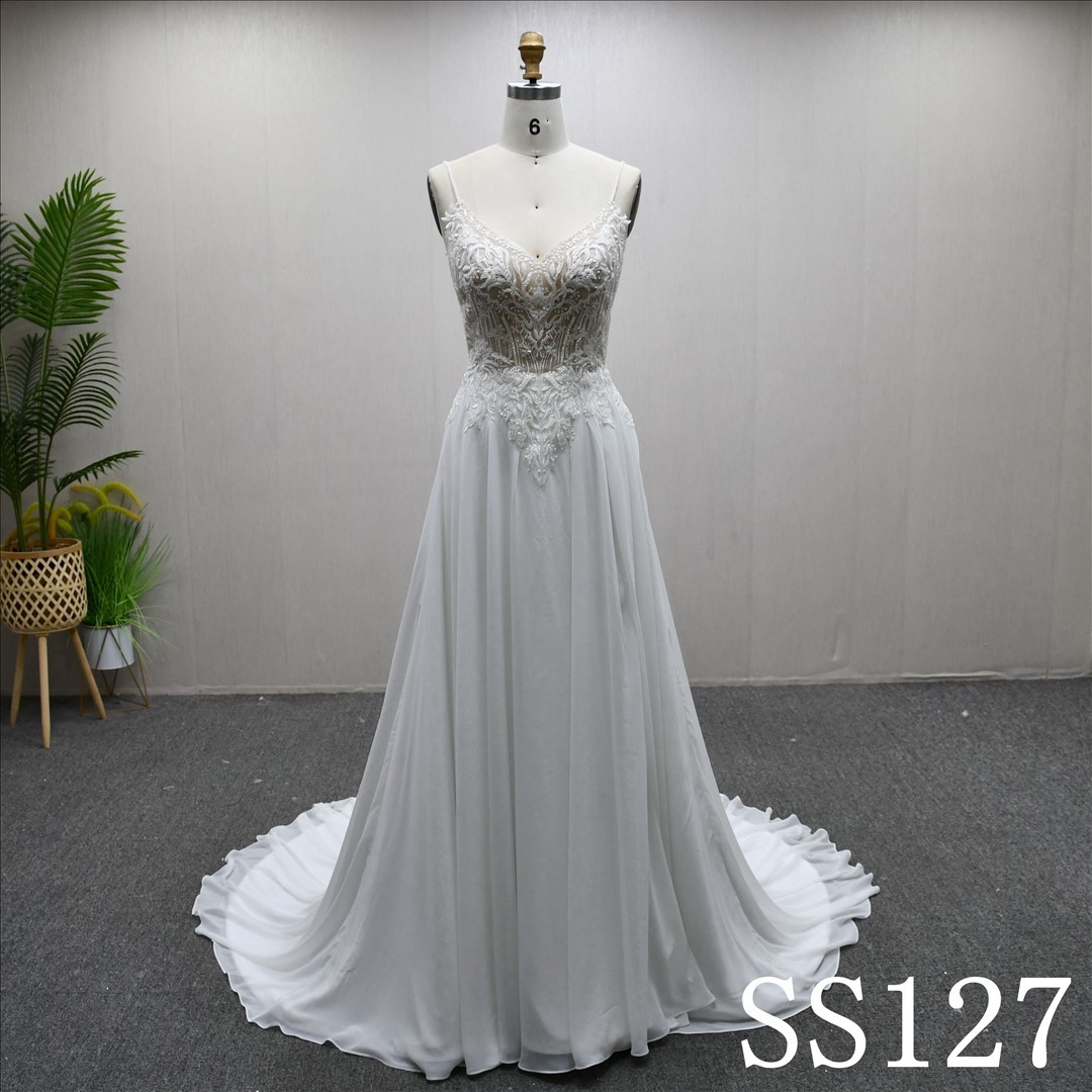 V Neckline Fashion Elegant Lace Beaded A-line High Waist Popular Wedding Dress