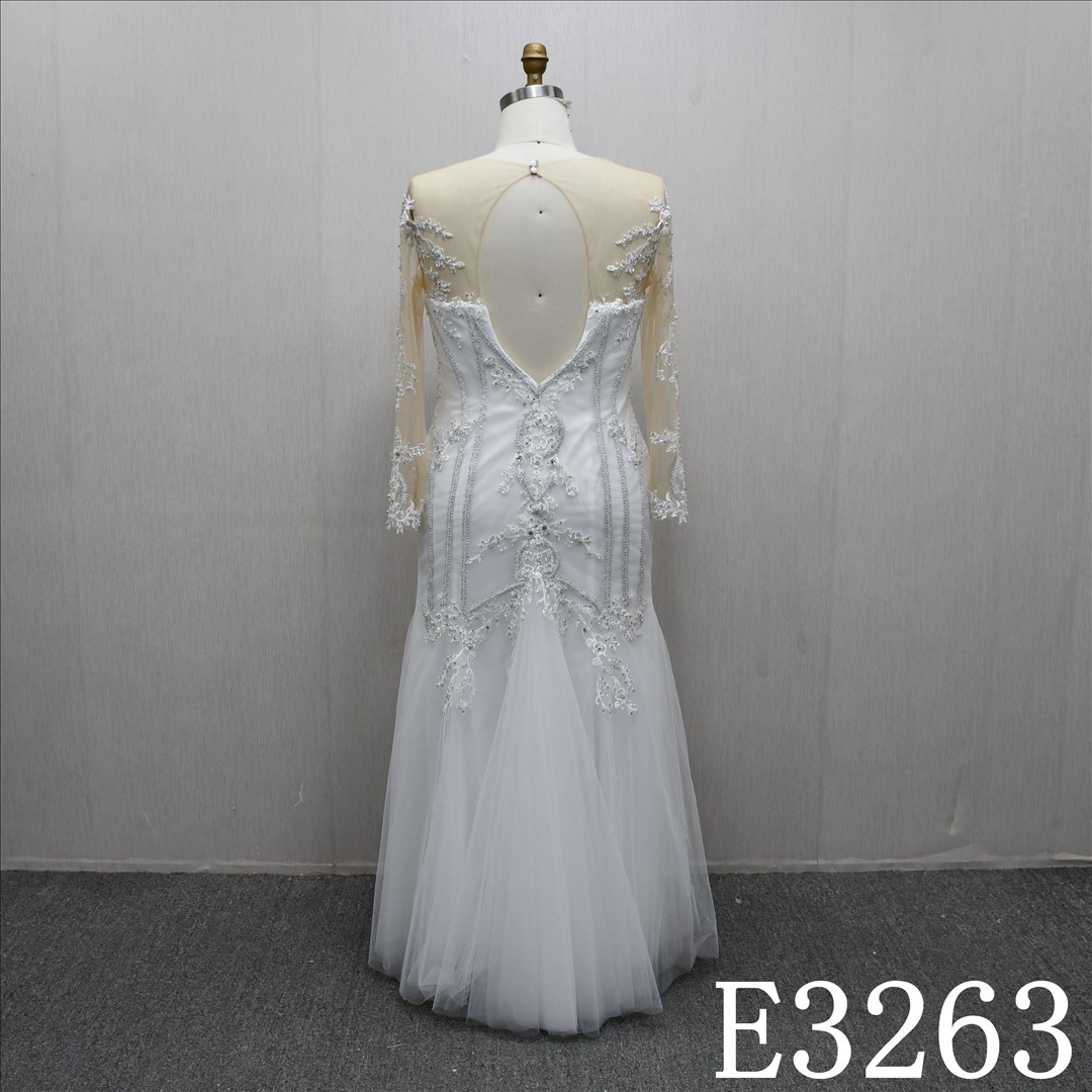 Illusion Long Sleeves Lace Applique Beaded Sequins Sheath Mermaid Bridal Dress