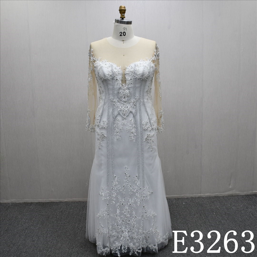 Illusion Long Sleeves Lace Applique Beaded Sequins Sheath Mermaid Bridal Dress