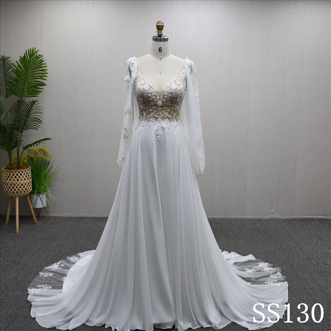 Long Sleeves V Neck Chiffon Popular A-line High Quality Fashion Bridal Dress