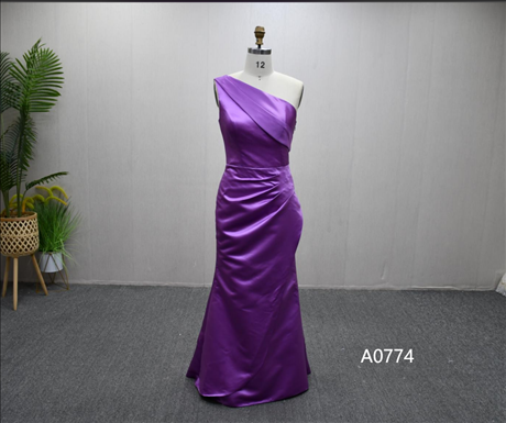 Elegant purple evening gown with unique pleated design