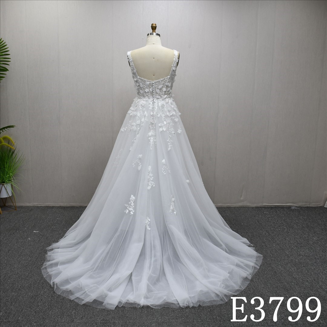 Hot-selling Strap Square Neckline 3D Flowers A- LINE  Bridal Dress