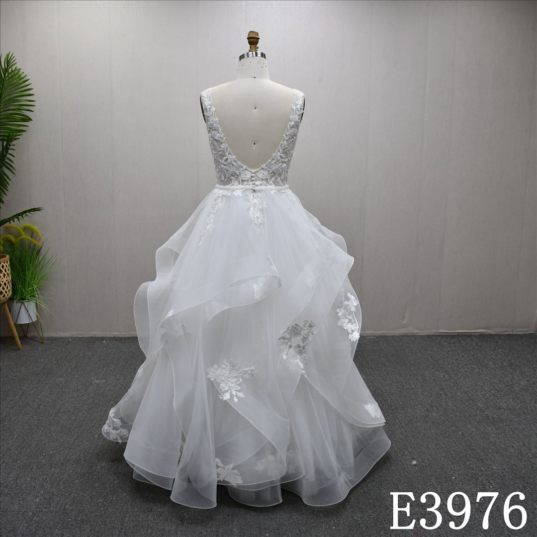 Elegant straps unique design lace A-line simple bridal gown
