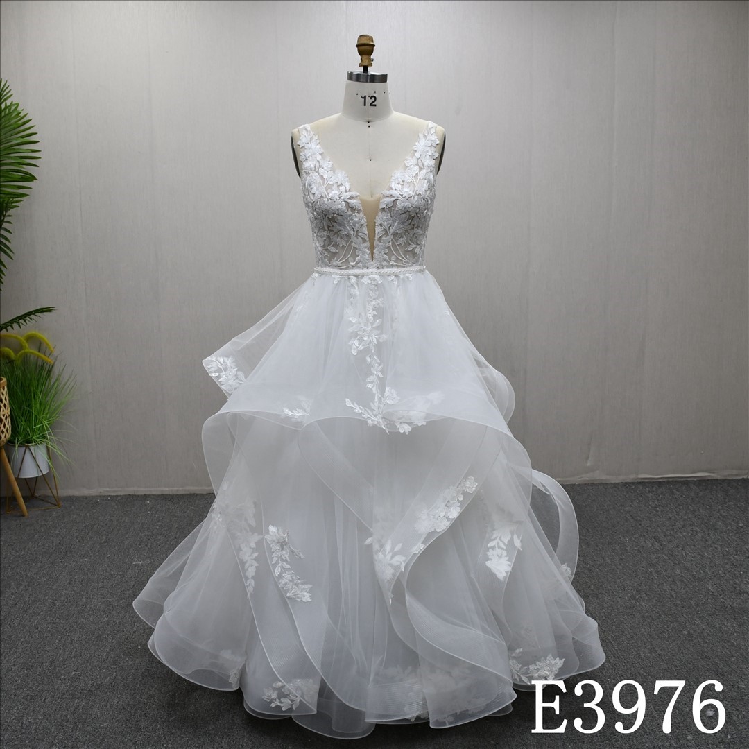 Elegant straps unique design lace A-line simple bridal gown
