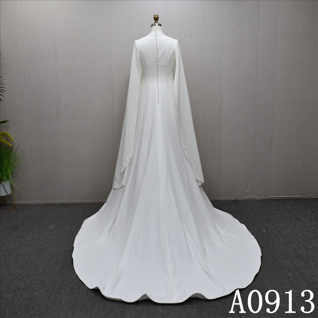 Hot selling Muslim style high neck A-line dress with Removable cape, pearl decoration, back zipper and lace up back