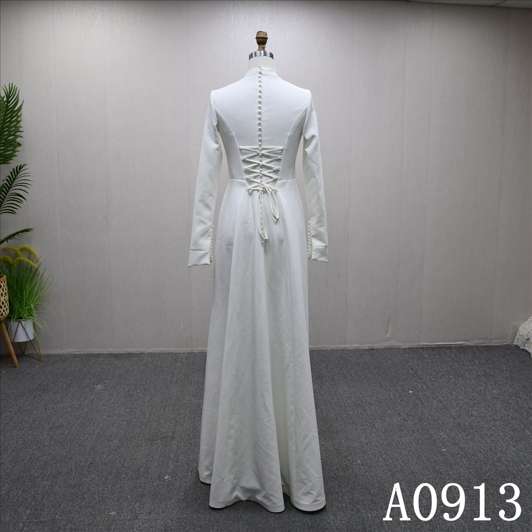 Hot selling Muslim style high neck A-line dress with pearl decoration, back zipper and lace up back