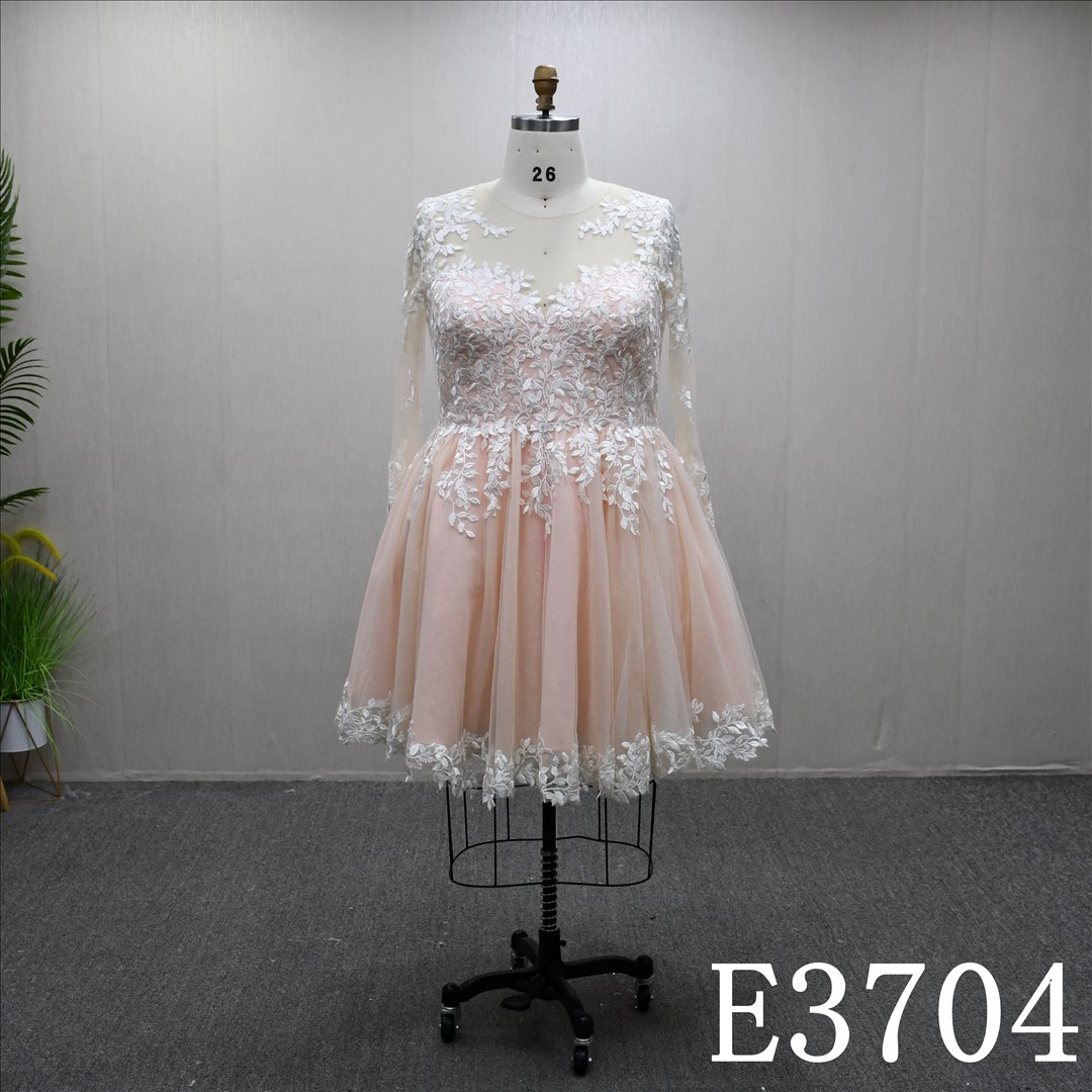 Illusion neckline long sleeve A-line plus size short dress wedding dress evening dress