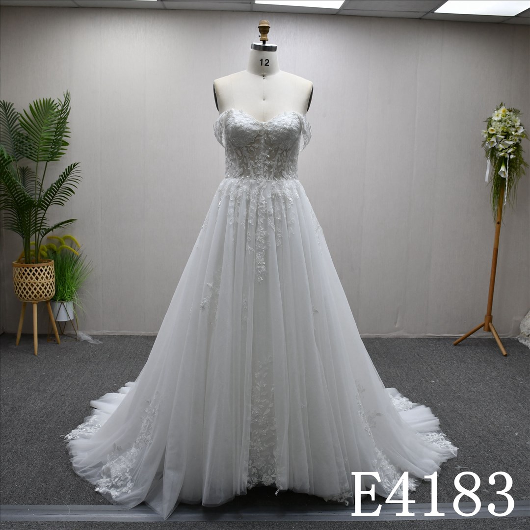 Elegant Off-Sleeves Lace Beaded A-Line Wedding Dress with Back Zipper